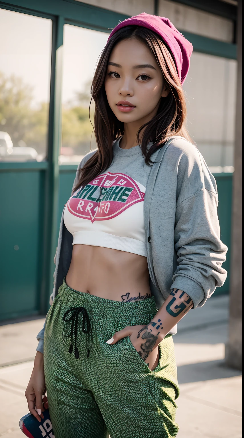 27 years old, gorgeous cute Nigerian girl, smirk, freckles, a woman in a grey sweatshirt and green pants holding a skateboard, she is wearing streetwear, woman in streetwear, cute casual streetwear, streetwear fashion, casual streetwear, korean women's fashion model, kiko mizuhara, trending on r/streetwear, detailed image, japanese streetwear, casual clothing style, sun yunjoo, 2 0 2 0 fashion, advertising photo, lookbook,
( black skinned woman), sweating, good young girl, (masterpiece:1.0),(best_quality:1.0), ultra high res,4K,ultra-detailed, photography, 8K, HDR, highres, absurdres:1.2, Kodak portra 400, blurry background, bokeh, lens flare, (vibrant_color:1.2),professional photograph,(the_tattoo:1.5),(Beautiful,large_Breasts), (beautiful_face:1.5),(narrow_waist).