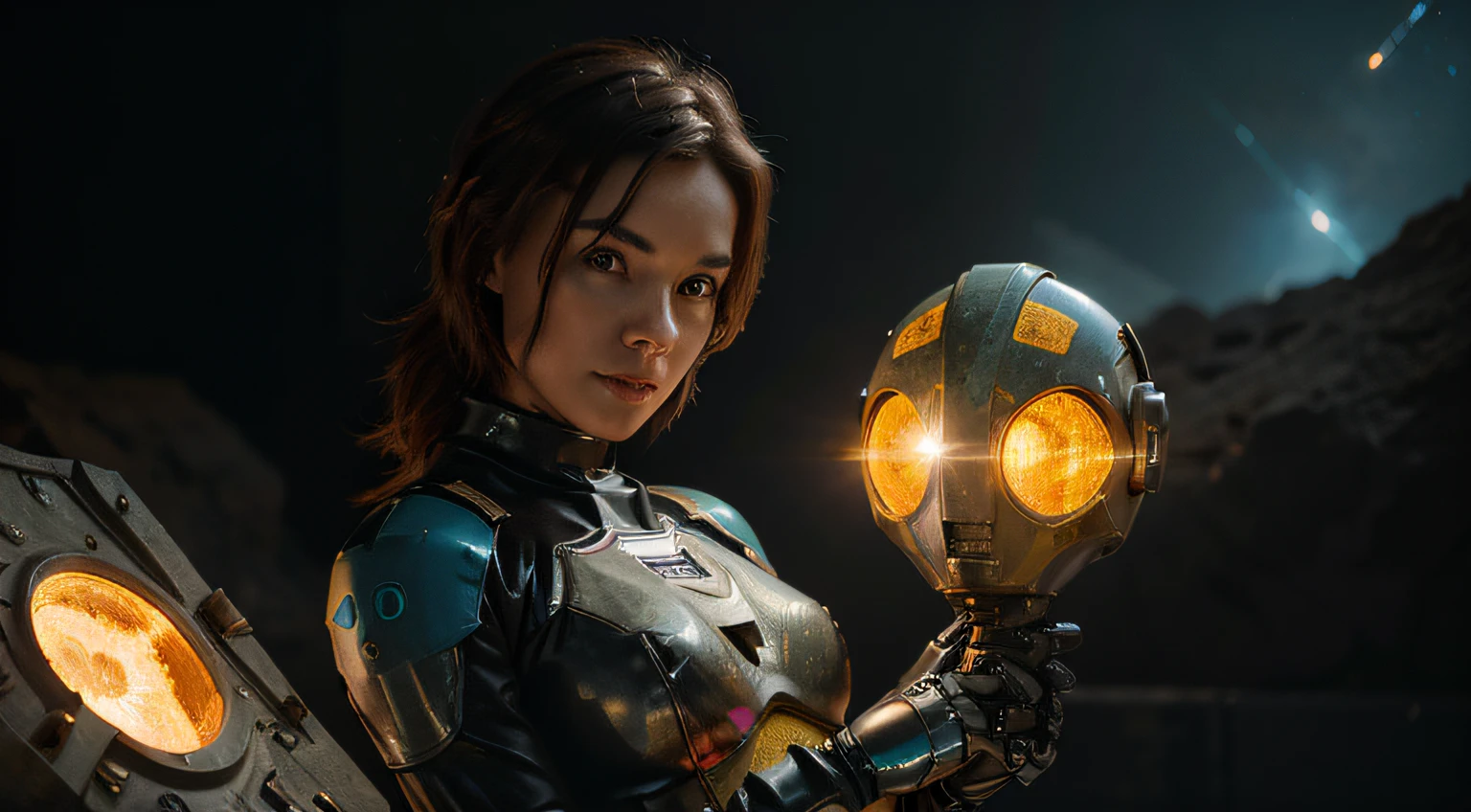 A Cracy Toon Rocketeer Space Girl like Christina Ricci, tongs in hands, Tv head, pinhead, Red Yellow Rusty, Ambient in a meteorite crater super detailed, center, beautiful, soft lighting, focused on the character, 4K resolution, photorealistic rendering,