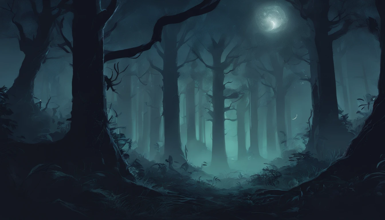 dark and dense forest at night with tall trees and many thick tree roots, nighttime woodlands