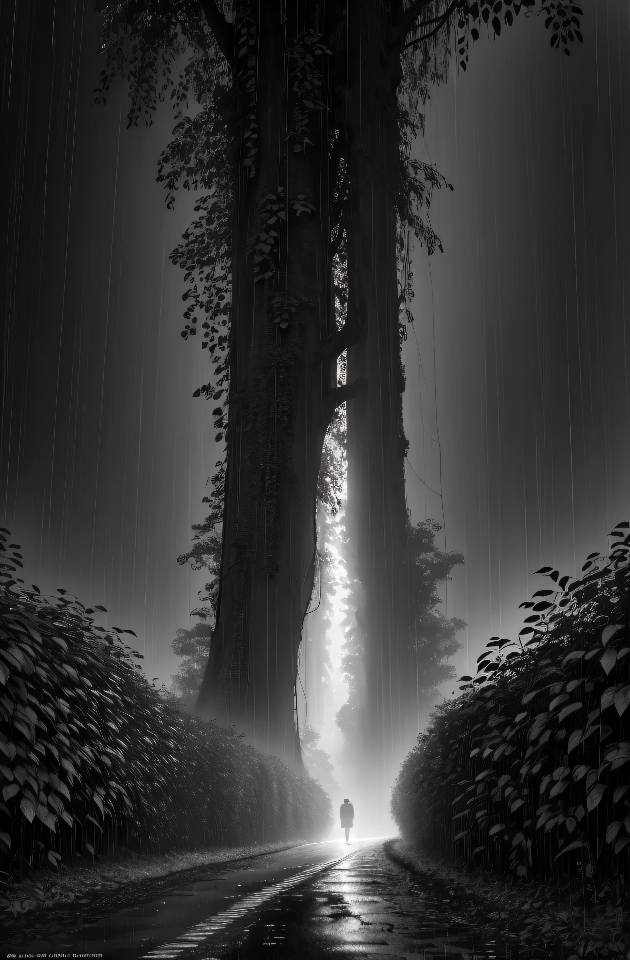 Jungle, with intense rains, monochrome, vines around, giant and wet trees, masterpiece, best quality, high quality, extremely detailed CG unity wallpaper 8k, oil painting, award-winning photography, bokeh, depth of field, HDR, flowering, chromatic aberration, photorealistic, very detailed, popular on artstation, popular in CGsociety, complex, high detail, dramatic, art in the middle of the road, volumetric lighting