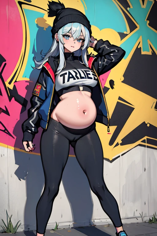 (4k, masterpiece:1.2, best quality), (graffiti wall:1.15), 1lady, beanie, jacket, Leggings, blue eyes, fullbody, pregnant underbelly