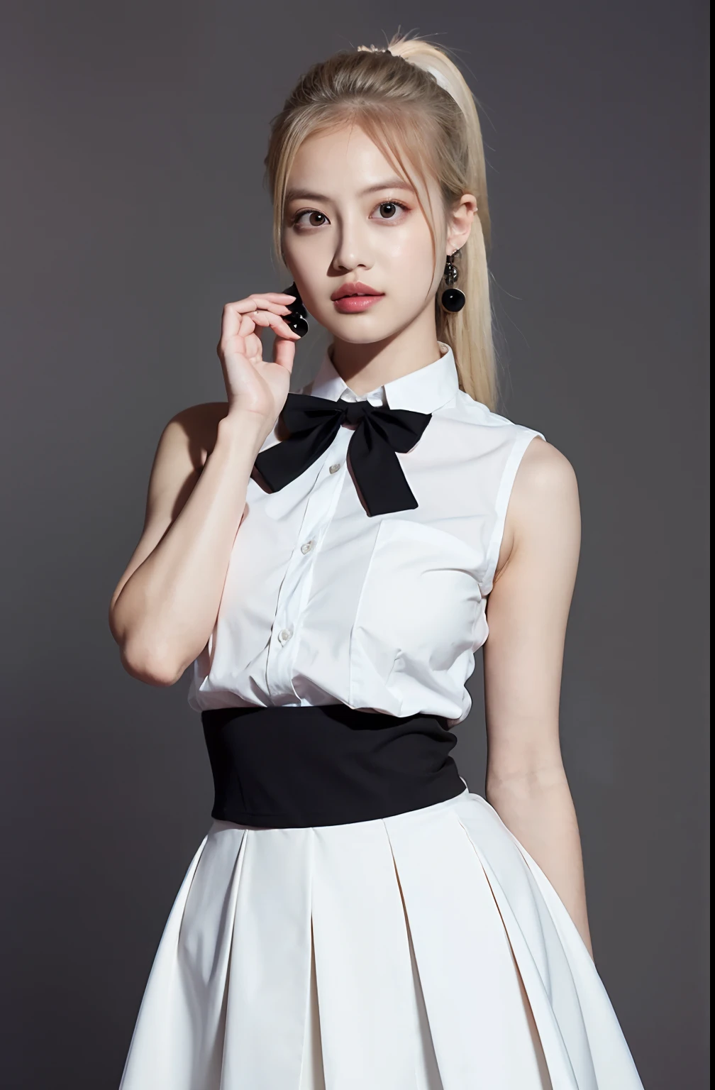 Top quality, super high resolution, one girl, sleeveless white button shirt, black skirt, black choker, cute, (charming monkey: 1), (platinum blonde hair: 1), (puffy eyes)), looking observer side, full body, front facing