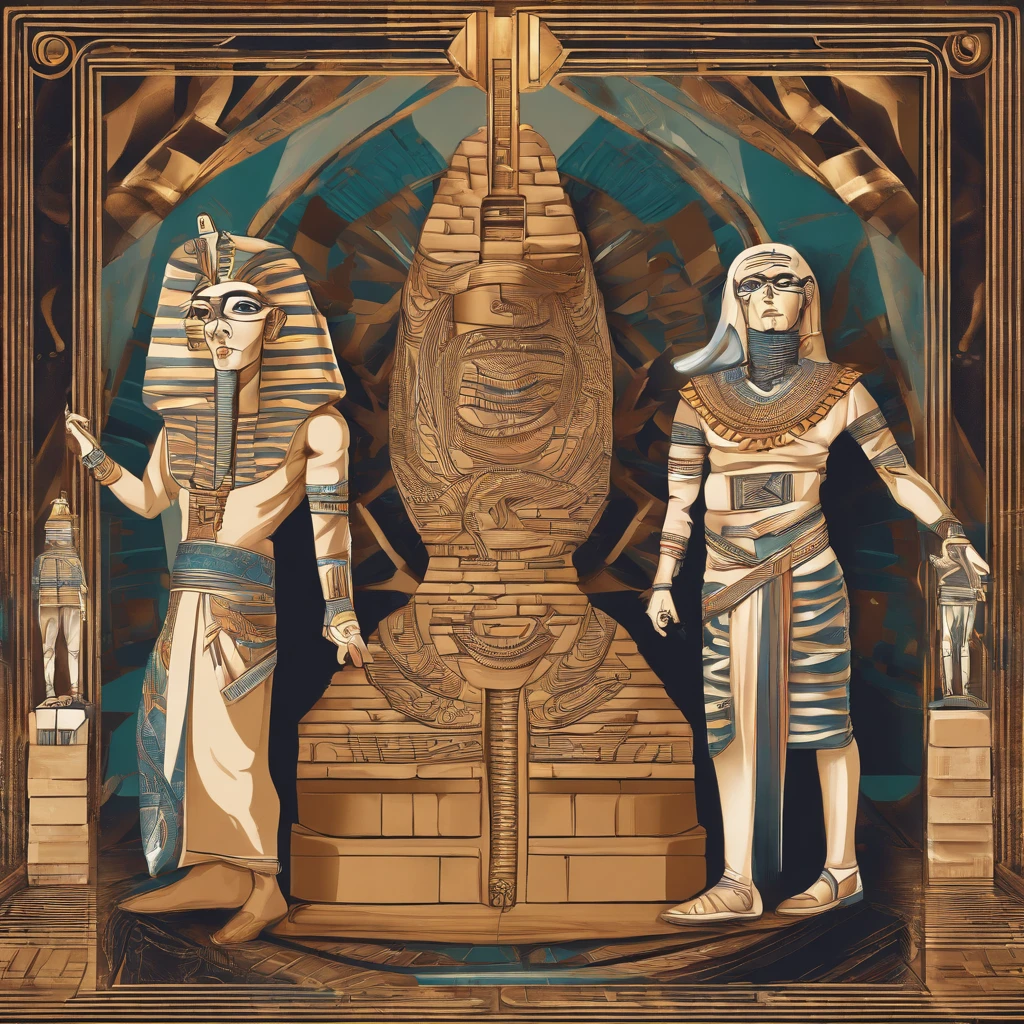 ((ambiance hypnotique)), Two Egyptian mummies inside a pyramid, Two men who look like they're dancing, (effet psychedelique),