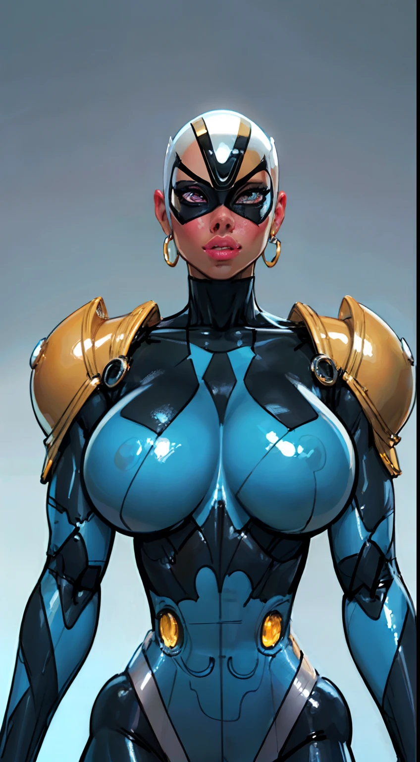 ((Radiant Aura:1.7)), 8k ((full back view:1.4))((below view:1.7)) (large eyes:1.3), defined cheekbones, looking back, ((the pit style:1.4))((sleek chrome bodysuit:1.6)) ((zentai bodysuit:1.6)), ((visor))((intricate metal details:1.4))detailed face:1.5), lightblue skin,(puffy lips:1.5) (lightblue skin:1.6), (bald woman:1.7), (skinhead) ((sexy pose)),(Muscular:1.3), ((gigantic breasts:1.5)), )highly detailed, majestic, digital photography, art by artgerm and ruan jia and greg rutkowski, ((metal shoulder pads:1.2)), (masterpiece), sidelighting, intricate details, black and blue color palette