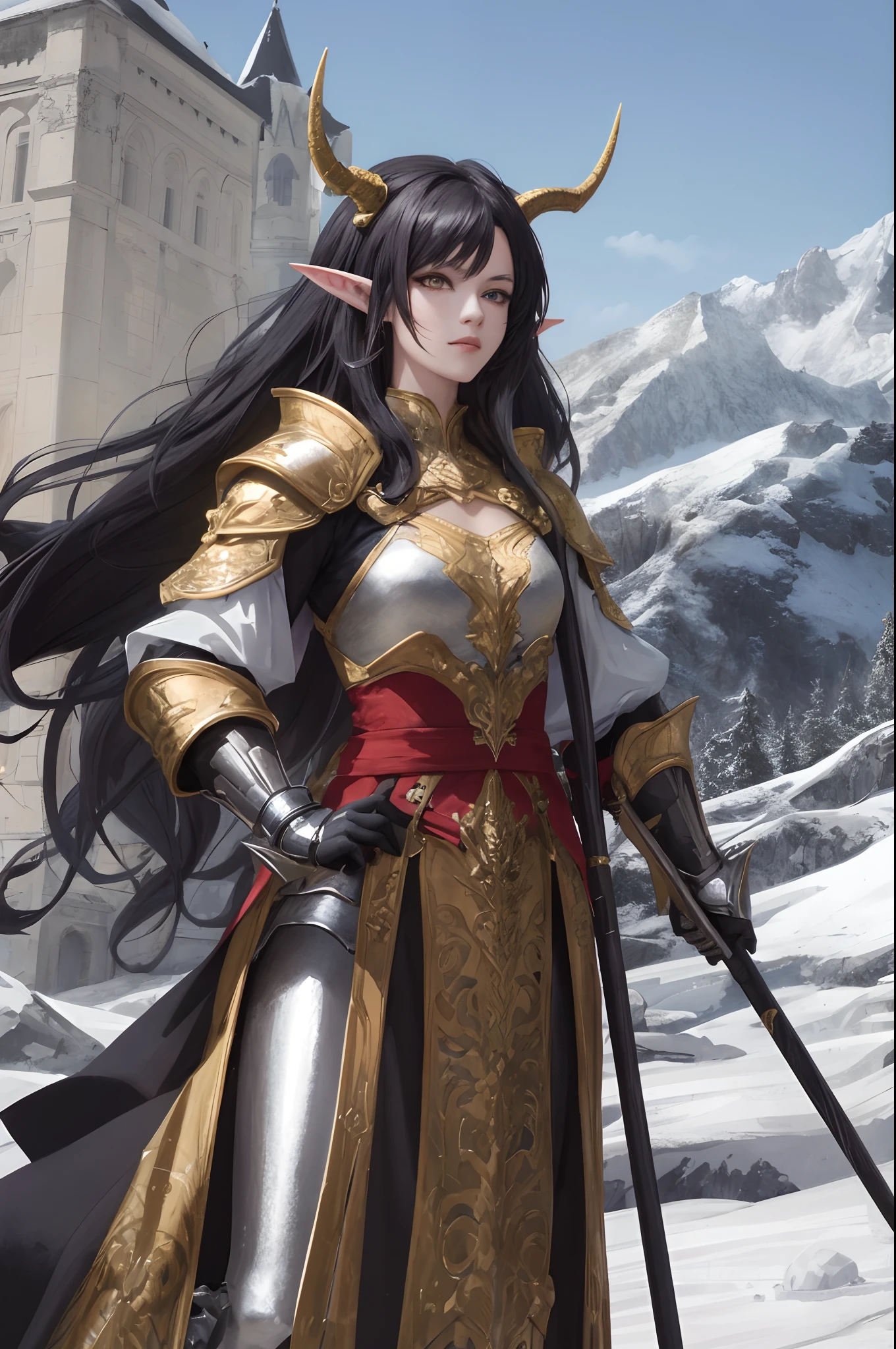 Half-human-dragon girl, with horns, black hair, elf ears, wearing sparkling silver armor, holding a staff, in front of a castle on an icy mountain, anime.
