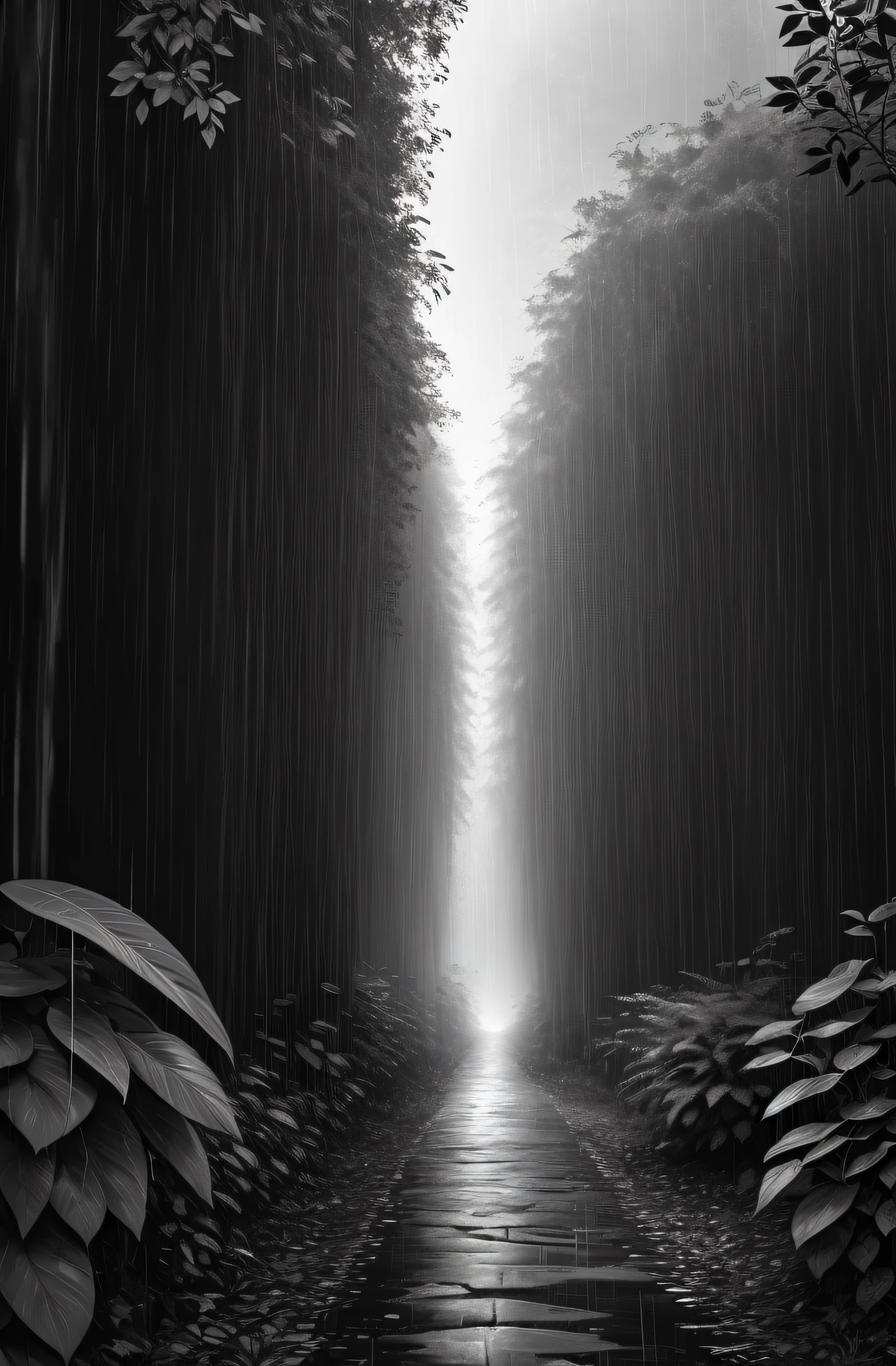 Jungle, with intense rains, monochrome, vines around, giant and wet trees, masterpiece, best quality, high quality, extremely detailed CG unity wallpaper 8k, oil painting, award-winning photography, bokeh, depth of field, HDR, flowering, chromatic aberration, photorealistic, very detailed, popular on artstation, popular in CGsociety, complex, high detail, dramatic, art in the middle of the road, volumetric lighting
