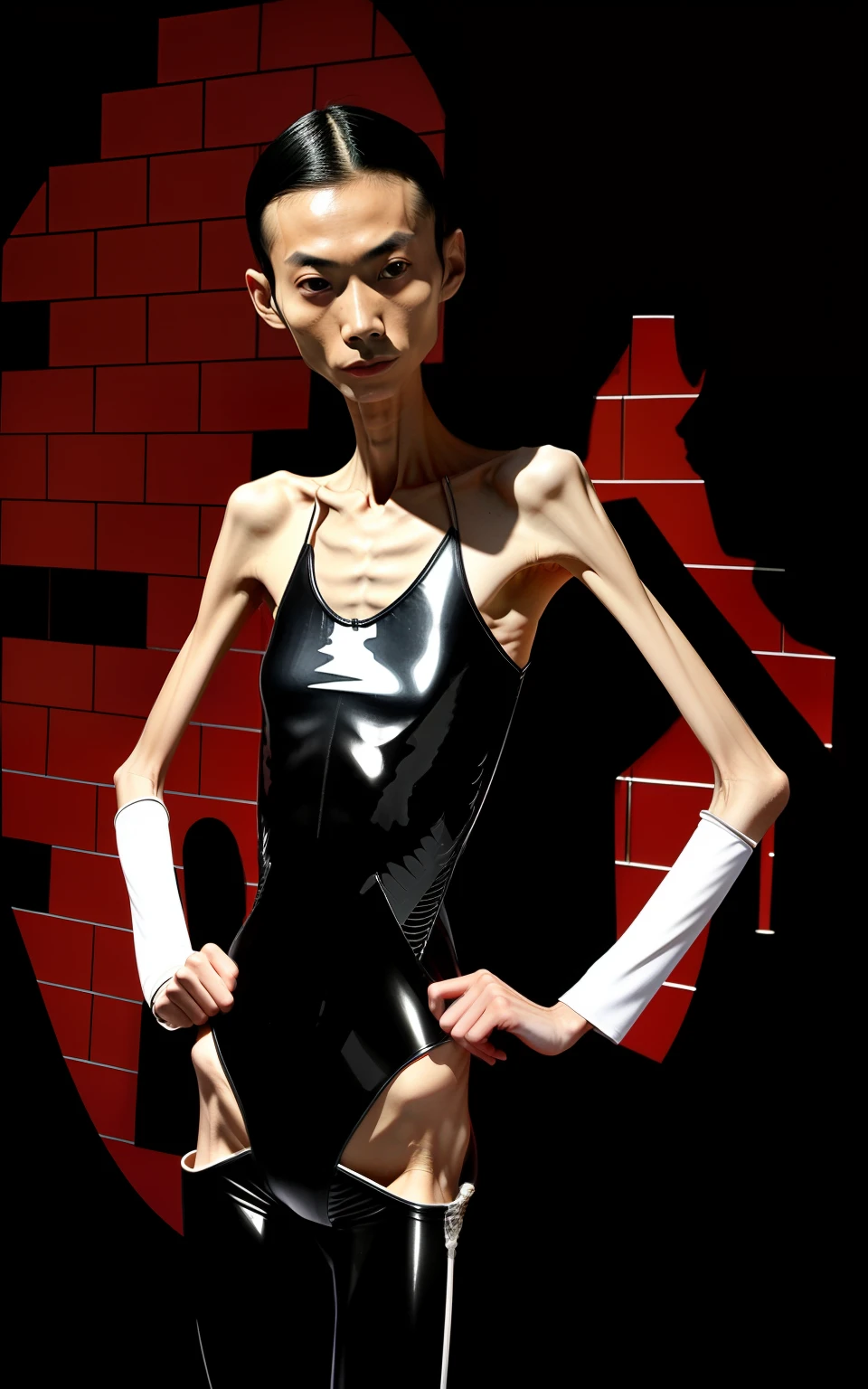 Extremely thin man, A thin body，Protruding sternum，The waist is slender，The ribs are noticeable，Protruding ribs，The pelvis is very pronouncedly protruding，The pelvis is markedly elevated，-yeld maWhite skin of the，Delicate skin，Thin shoulders，Very slim waist，Extremely skinny，Sunken abdomen，Skin and bones，short detailed hair，Haggard face，Wear a tight-fitting one-piece latex suit，Asian face，The body is as thin as a skeleton，sunken cheeks，angry look，Incompetent men，Muscle atrophy