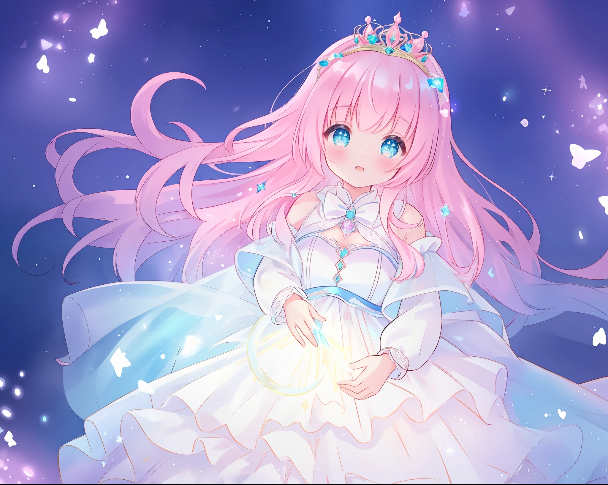beautiful girl in glowing white ballgown, ((tiered layered ballgown)), flowing sheer long sleeves, sparkling white ballgown, ((puffy white princess ballgown skirt)), vibrant pastel colors, (colorful), magical lights, long flowing colorful pink hair, ((glowing aura around her)), flowing glowing hair, fantasia landscape background, whimsical, magical, fantasy, beautiful face, ((masterpiece, best quality)), intricate details, highly detailed, sharp focus, 8k resolution, sparkling detailed eyes, liquid watercolor