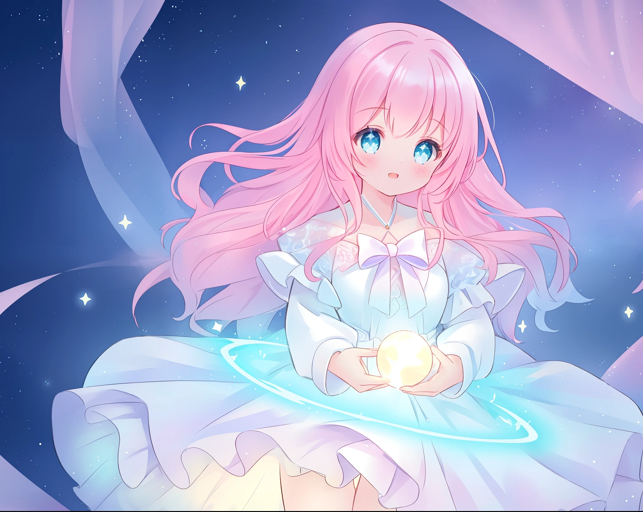 beautiful girl in glowing white ballgown, ((tiered layered ballgown)), flowing sheer long sleeves, sparkling white ballgown, ((puffy white princess ballgown skirt)), vibrant pastel colors, (colorful), magical lights, long flowing colorful pink hair, ((glowing aura around her)), flowing glowing hair, fantasia landscape background, whimsical, magical, fantasy, beautiful face, ((masterpiece, best quality)), intricate details, highly detailed, sharp focus, 8k resolution, sparkling detailed eyes, liquid watercolor