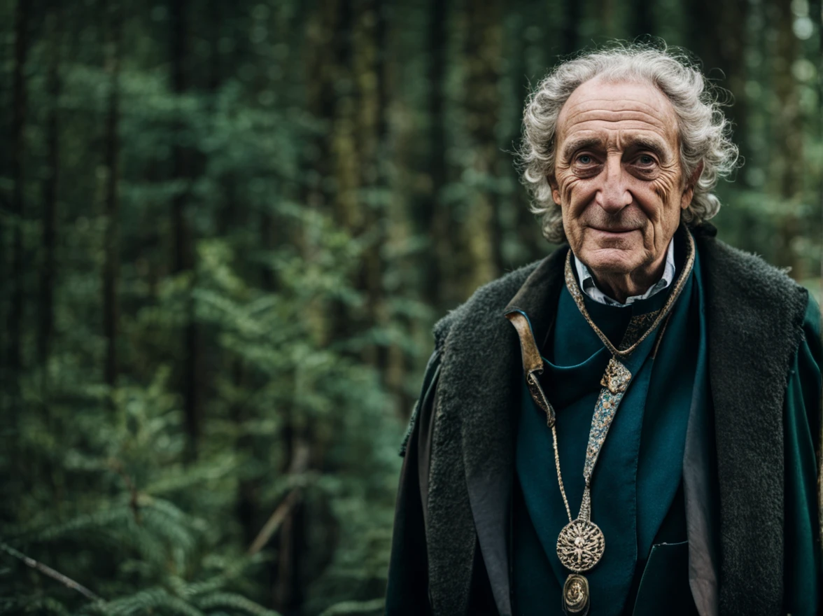 A (portrait photography: 1.2) close up photo of a mix between Marty Feldman and Dennis Hopper as one medieval fantasy 50 year-old male magical wizard, adult, extremely short masculine hair, smiling expression, medieval fantasy travelling wizard clothes, in a fantasy forest, cinematic lighting, Canon EOS 5D Mark IV