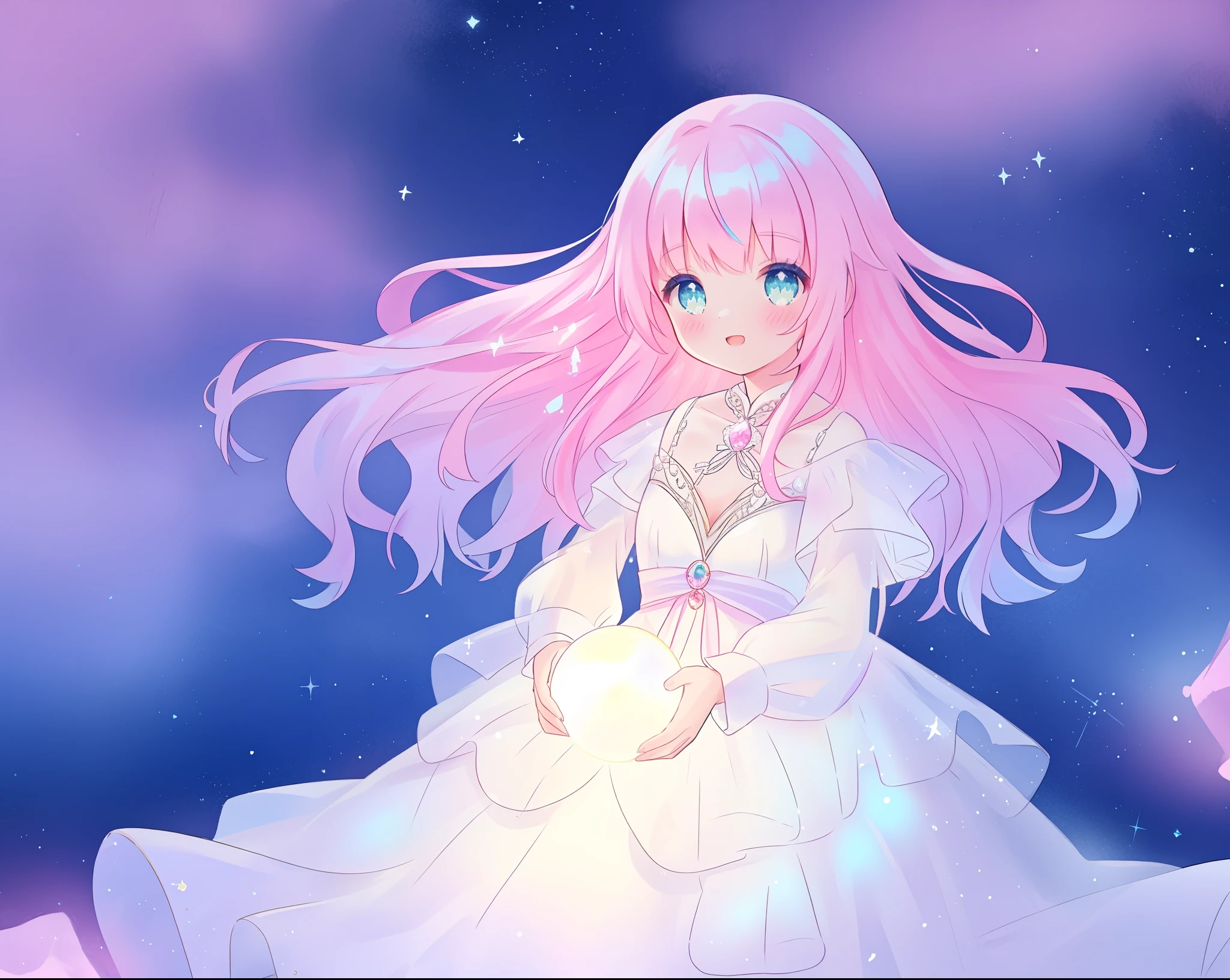 beautiful girl in glowing white ballgown, ((tiered layered ballgown)), flowing sheer long sleeves, sparkling white ballgown, ((puffy white princess ballgown skirt)), vibrant pastel colors, (colorful), magical lights, long flowing colorful pink hair, ((glowing aura around her)), flowing glowing hair, fantasia landscape background, whimsical, magical, fantasy, beautiful face, ((masterpiece, best quality)), intricate details, highly detailed, sharp focus, 8k resolution, sparkling detailed eyes, liquid watercolor