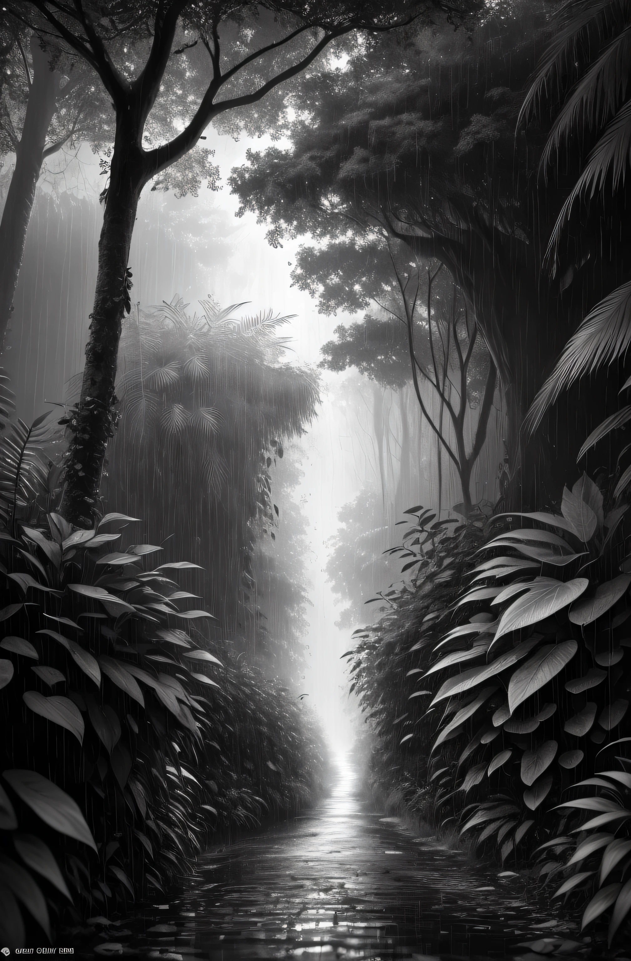 Jungle, with intense rains, monochrome, vines around, giant and wet trees, masterpiece, best quality, high quality, extremely detailed CG unity wallpaper 8k, oil painting, award-winning photography, bokeh, depth of field, HDR, flowering, chromatic aberration, photorealistic, very detailed, popular on artstation, popular in CGsociety, complex, high detail, dramatic, art in the middle of the road, volumetric lighting