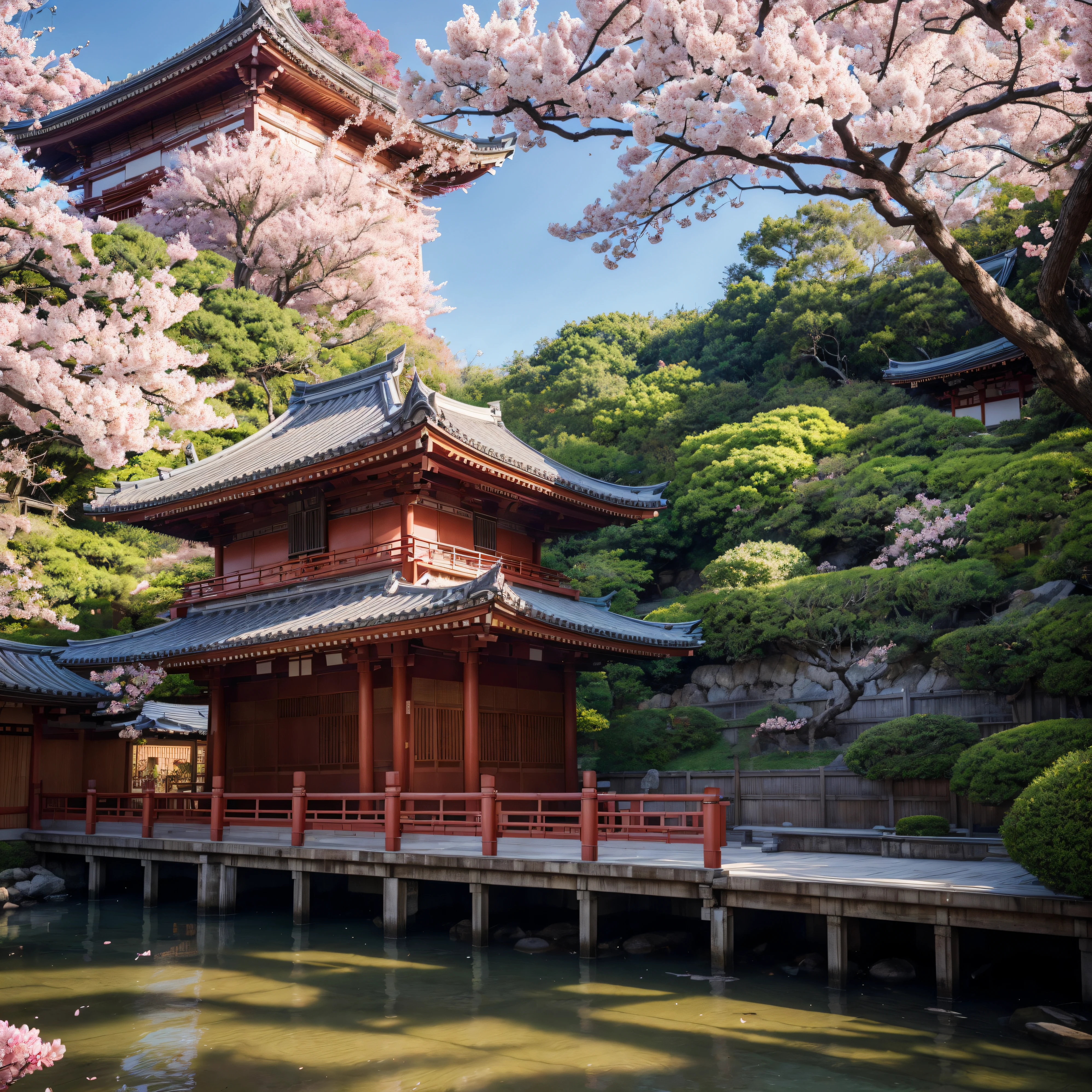 masterpiece, , a photography of a building with a bunch of pink flowers in front of it, by Torii Kiyomasu, flickr, sōsaku hanga, an altar of a temple, kodak portra 4 0 0, sakura tree in background, high-end onsen, intricate details, cinematic light, 8k, ultra hd, sharpness