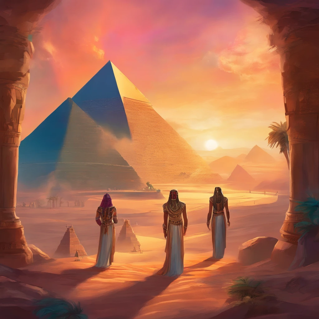 ((ambiance hypnotique)), Two Egyptian mummies inside a pyramid, Two men who look like they're dancing, (effet psychedelique),