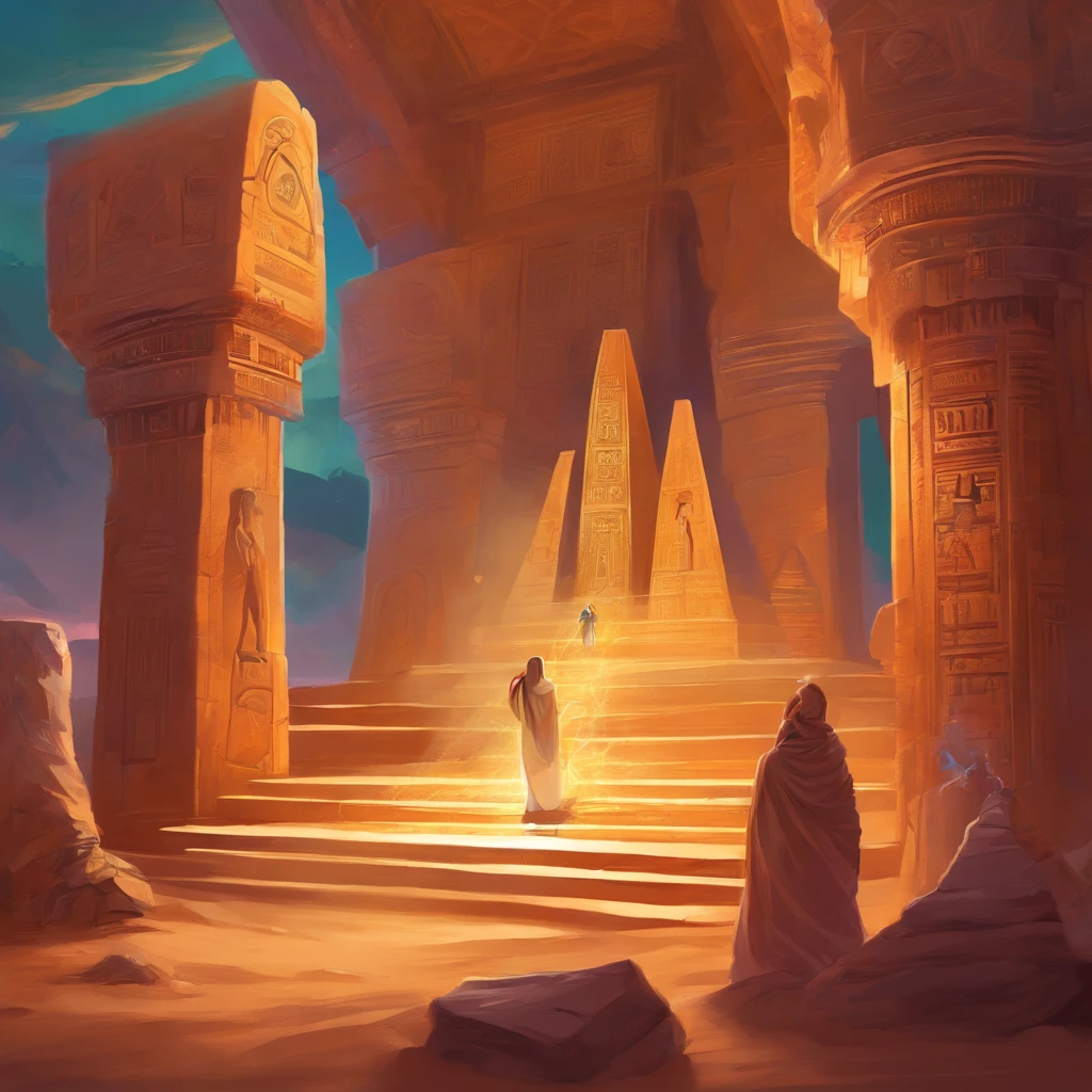 ((ambiance hypnotique)), Two Egyptian mummies inside a pyramid, Two men who look like they're dancing, (effet psychedelique),