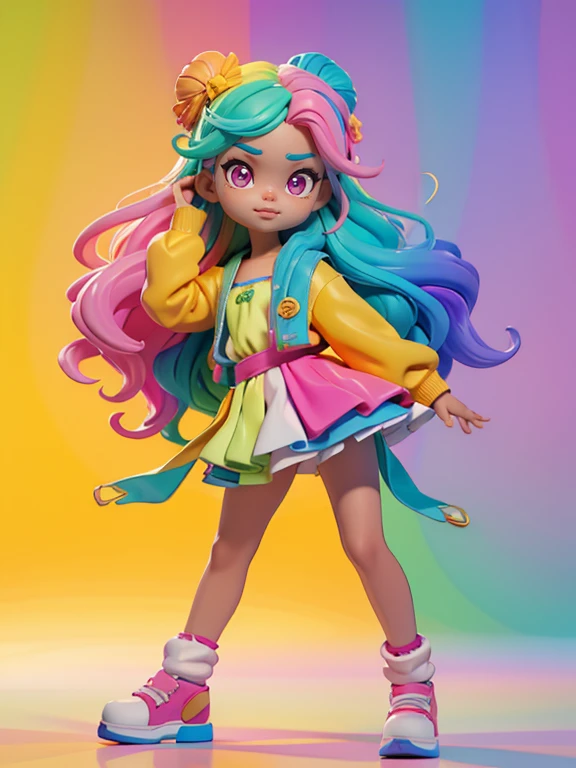 (obra-prima), (melhor qualidade), (ultra-detalhado), (corpo inteiro: 1.2) loli menina morena, leve e detalhado, sorriso claro, corpo inteiro, :3, cabelo multicolor, curto, preso, pavor, moderno, Modern accessories, fundo tom pastel , colorido e simples.