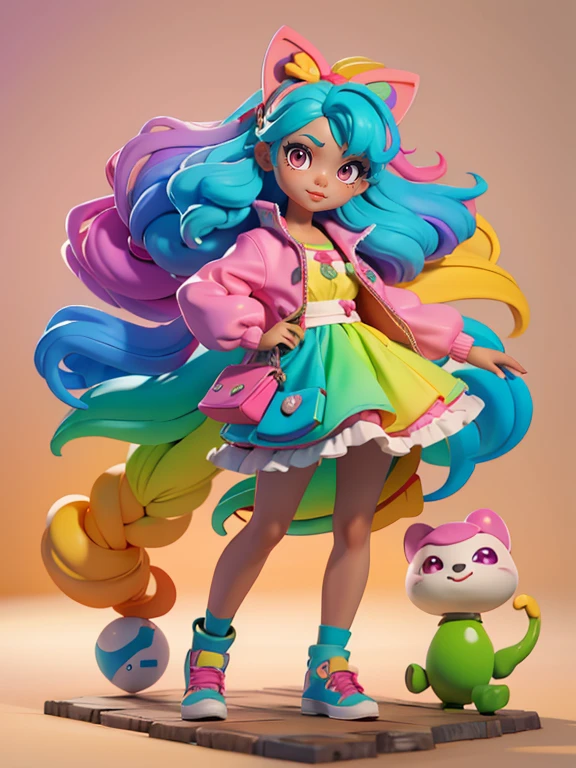 a girl, Brinquedo 3D, 3D rendering, Cabelos Pastel, rainbow hair, Brown skin, sorridente, fofo, criancinha, pale pink eyes, ( Same proportion of eyes ), rainbow princess cloths, fundo simples, best quality, Liquidificador, garota, child body, BOM ESTILO DE CABELO, Modelo 3D, Brinquedos, vivid colors, estilo de rua, high resolution, muitos detalhes, cores doces, sapatos grandes, FASHION TRENDS, arte, arte fofa