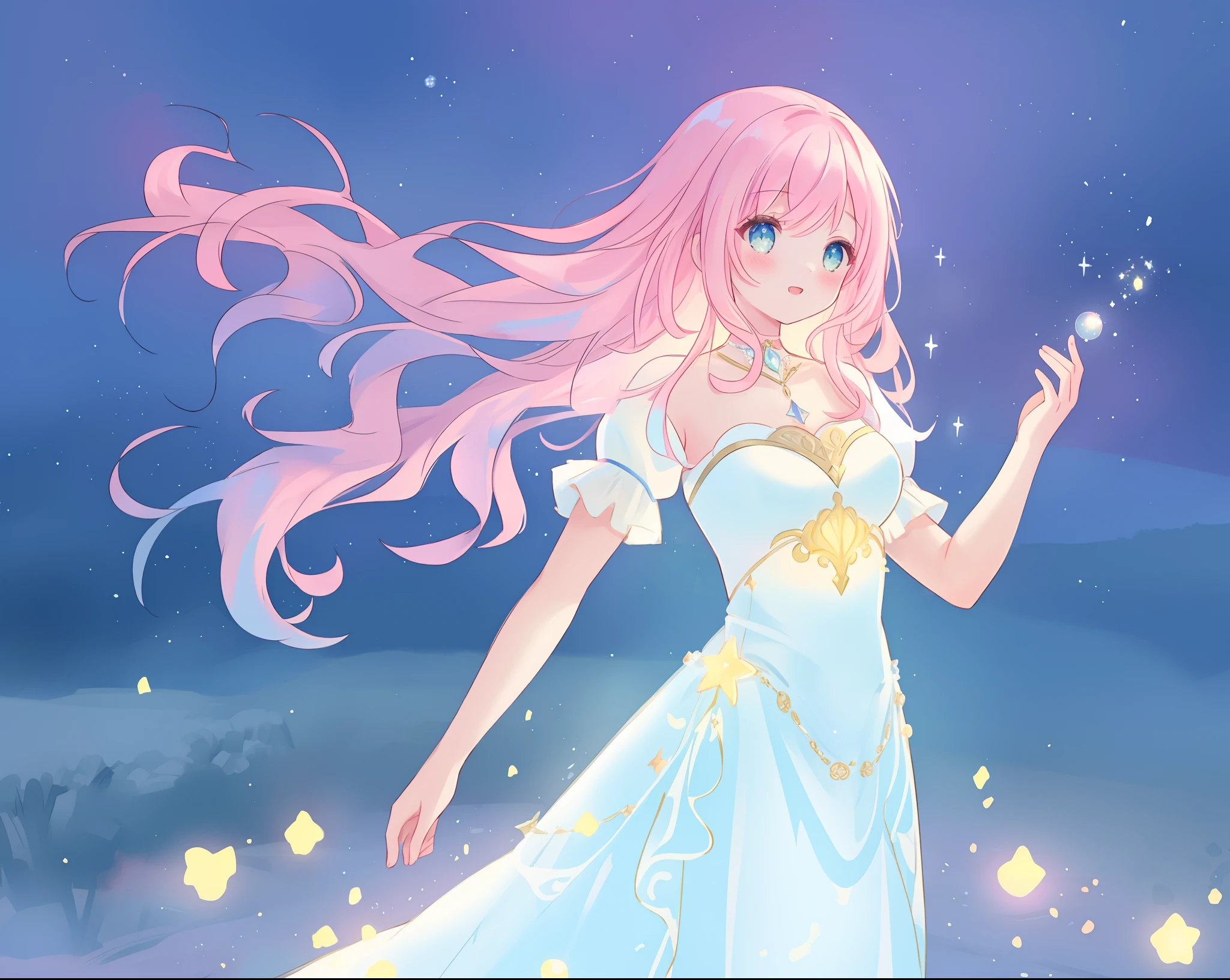 beautiful girl in glowing white ballgown, multi-layered ballgown, flowing sheer sleeves, sparkling white ballgown, ((puffy white princess ballgown)), vibrant pastel colors, (colorful), magical lights, long flowing colorful pink hair, ((glowing aura around her)), flowing glowing hair, fantasia landscape background, whimsical, magical, fantasy, beautiful face, ((masterpiece, best quality)), intricate details, highly detailed, sharp focus, 8k resolution, sparkling detailed eyes, liquid watercolor