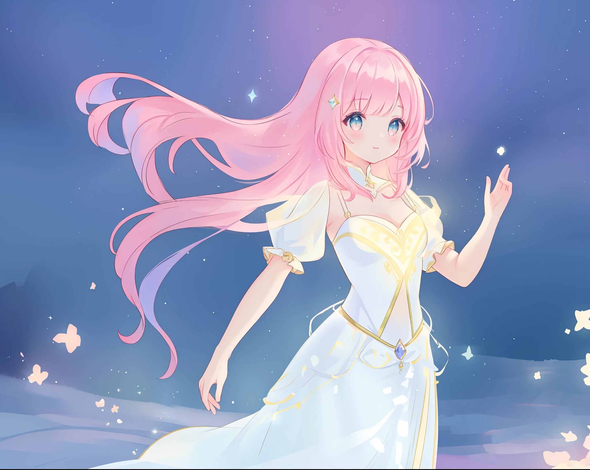 beautiful girl in glowing white ballgown, multi-layered ballgown, flowing sheer sleeves, sparkling white ballgown, ((puffy white princess ballgown)), vibrant pastel colors, (colorful), magical lights, long flowing colorful pink hair, ((glowing aura around her)), flowing glowing hair, fantasia landscape background, whimsical, magical, fantasy, beautiful face, ((masterpiece, best quality)), intricate details, highly detailed, sharp focus, 8k resolution, sparkling detailed eyes, liquid watercolor