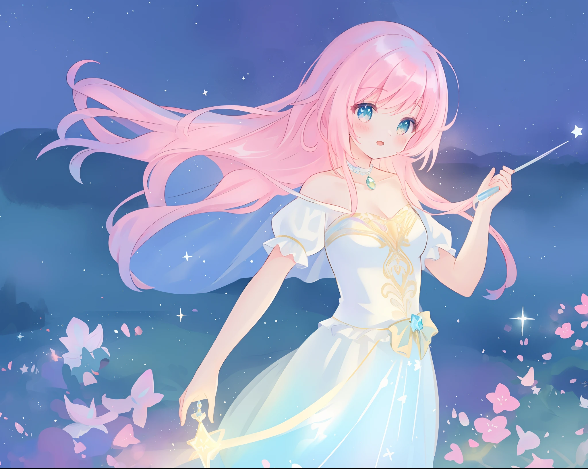 beautiful girl in glowing white ballgown, multi-layered ballgown, flowing sheer sleeves, sparkling white ballgown, ((puffy white princess ballgown)), vibrant pastel colors, (colorful), magical lights, long flowing colorful pink hair, ((glowing aura around her)), flowing glowing hair, fantasia landscape background, whimsical, magical, fantasy, beautiful face, ((masterpiece, best quality)), intricate details, highly detailed, sharp focus, 8k resolution, sparkling detailed eyes, liquid watercolor