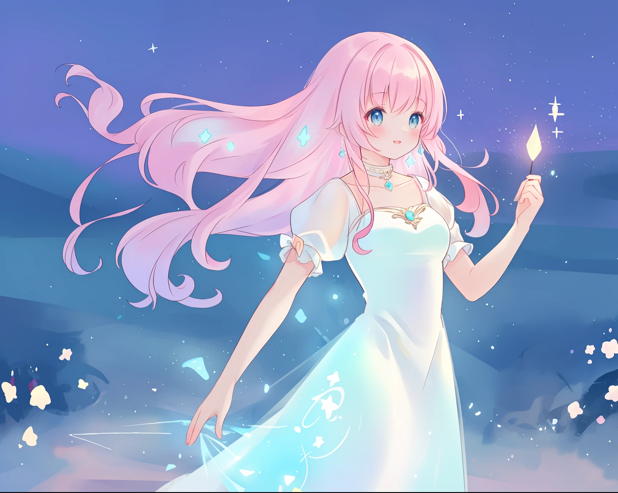 beautiful girl in glowing white ballgown, multi-layered ballgown, flowing sheer sleeves, sparkling white ballgown, ((puffy white princess ballgown)), vibrant pastel colors, (colorful), magical lights, long flowing colorful pink hair, ((glowing aura around her)), flowing glowing hair, fantasia landscape background, whimsical, magical, fantasy, beautiful face, ((masterpiece, best quality)), intricate details, highly detailed, sharp focus, 8k resolution, sparkling detailed eyes, liquid watercolor