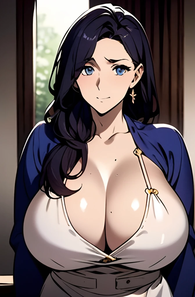 maman anime, very big breasts, chemise blanche, Jupe noire, cheveux long noire, coiffures queue de cheval, Visage sexy, style anime, dans le salon, dans un appartement, corp en sablier,   cuisse moelleuse, sexy, Visage calme, habit de bureau, Soir, 4K, Disque dur, clenched teeth, envie, frustrated, Ray Tracing, reflection light, Detailed realistic painting, Detailed realistic painting, corps entier, personnage au centre de l'image