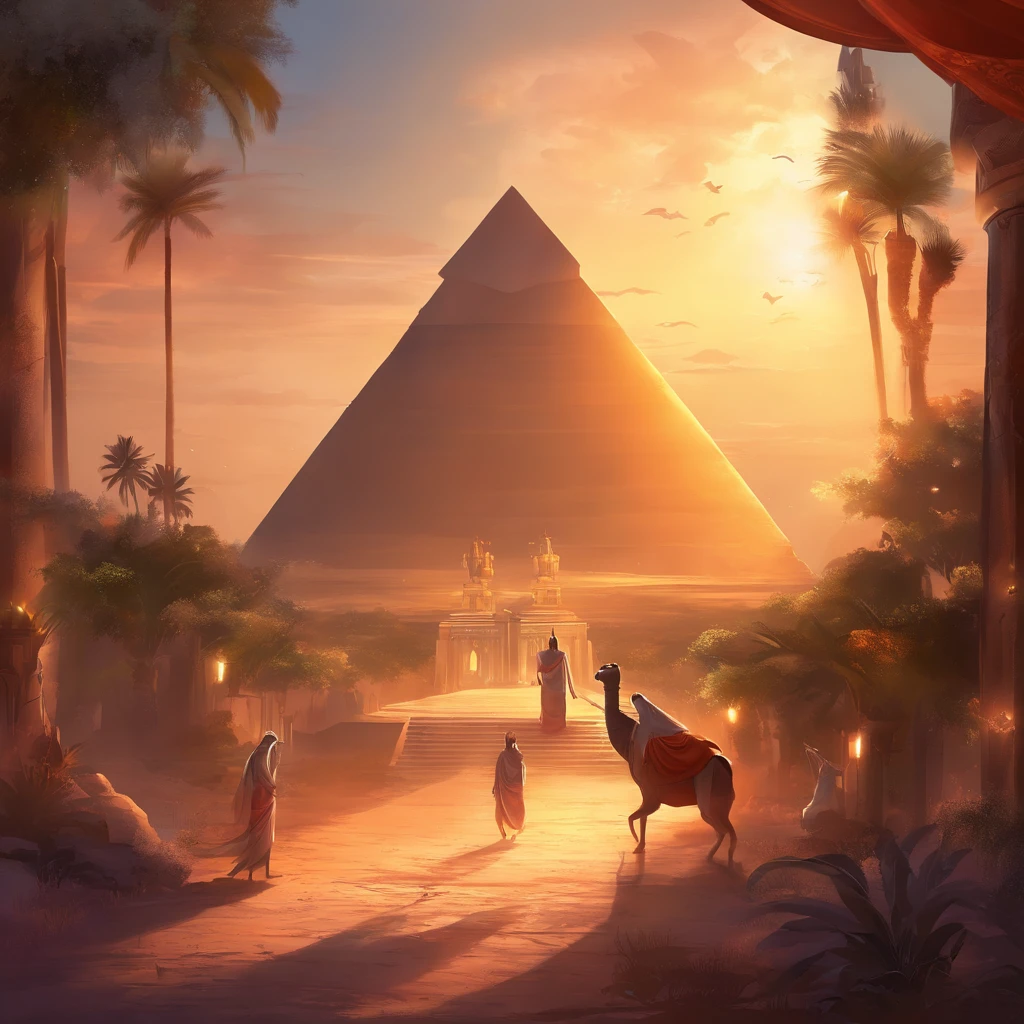 ((ambiance hypnotique)), Deux momies égyptiennes à l’intérieur d’une pyramide, Deux hommes qui ont l’air de danser, (effet psychédélique), paysage de l'Egypte antique, représentation des dieux egyptiens,