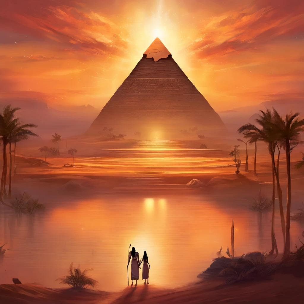 ((ambiance hypnotique)), Deux momies égyptiennes à l’intérieur d’une pyramide, Deux hommes qui ont l’air de danser, (effet psychédélique), paysage de l'Egypte antique, représentation des dieux egyptiens,
