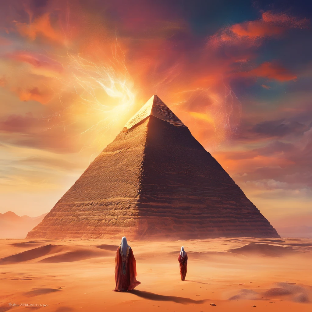 ((ambiance hypnotique)), Deux momies égyptiennes à l’intérieur d’une pyramide, Deux hommes qui ont l’air de danser, (effet psychédélique), paysage de l'Egypte antique, représentation des dieux egyptiens,