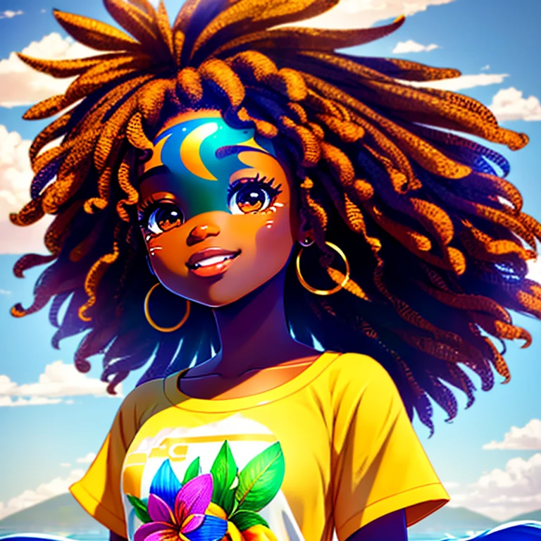 Sticker 1 African-African girl with a flower in her hair, curly hair, clean photo, messy hair in the wind, dressed in jeans and t-shirt, walking, full body, breathtaking rendering, (tan skin), colorful long dress, detailed facial features, symmetrical face, leaves in the wind, in front of a lake, gentle smile, drawing realistic animated, (big sweet eyes), angelic purity, artist used bright, like a pixar character, exceptionally unique beauty, dark skin tone, hi mark --ar 2:3