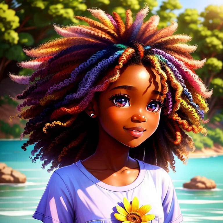 Sticker 1 African-African girl with a flower in her hair, curly hair, clean photo, messy hair in the wind, dressed in jeans and t-shirt, walking, full body, breathtaking rendering, (tan skin), colorful long dress, detailed facial features, symmetrical face, leaves in the wind, in front of a lake, gentle smile, drawing realistic animated, (big sweet eyes), angelic purity, artist used bright, like a pixar character, exceptionally unique beauty, dark skin tone, hi mark --ar 2:3