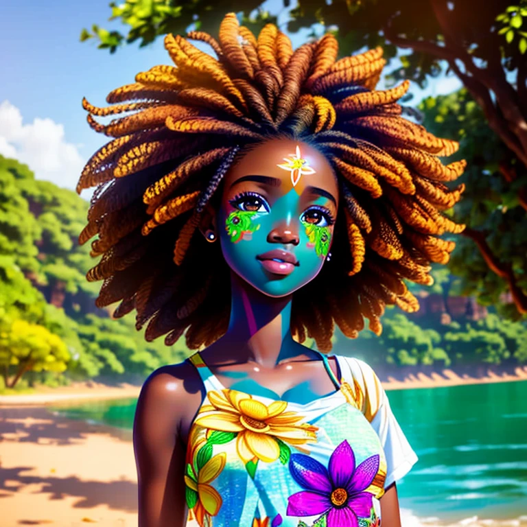Sticker 1 African-African girl with a flower in her hair, curly hair, clean photo, messy hair in the wind, dressed in jeans and t-shirt, walking, full body, breathtaking rendering, (tan skin), colorful long dress, detailed facial features, symmetrical face, leaves in the wind, in front of a lake, gentle smile, drawing realistic animated, (big sweet eyes), angelic purity, artist used bright, like a pixar character, exceptionally unique beauty, dark skin tone, hi mark --ar 2:3