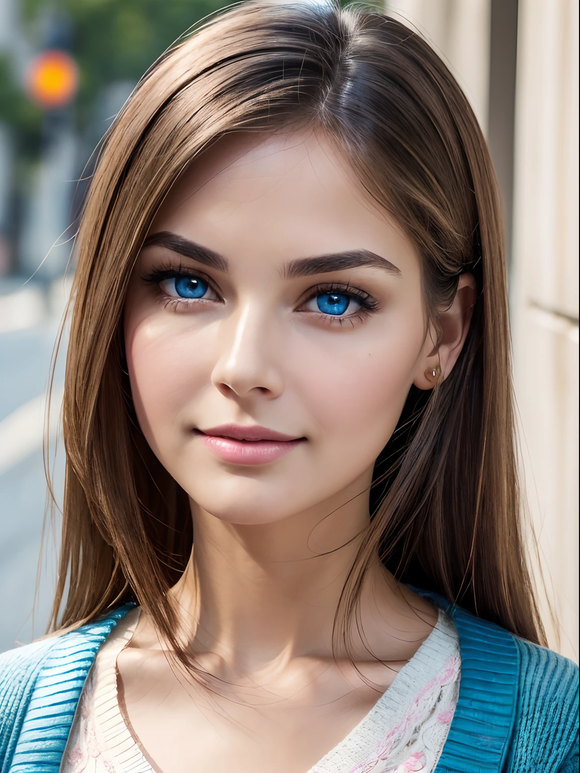 (Masterpiece), (Realistic), (Best Quality), (Beautiful +(attractive+(lovely+cute+feminine)), mature 35 years woman, oval face shape, straight+brown+hair, big+upturned+crystal+blue+eyes, rounded+thin+eyebrows, (big+round+feminine+cheeks), ((round cheekbones)) , pink+lips, rounded+chin, smiling adorable expression, Wearing feminine cardigan, looking_at_viewer, portrait headshot