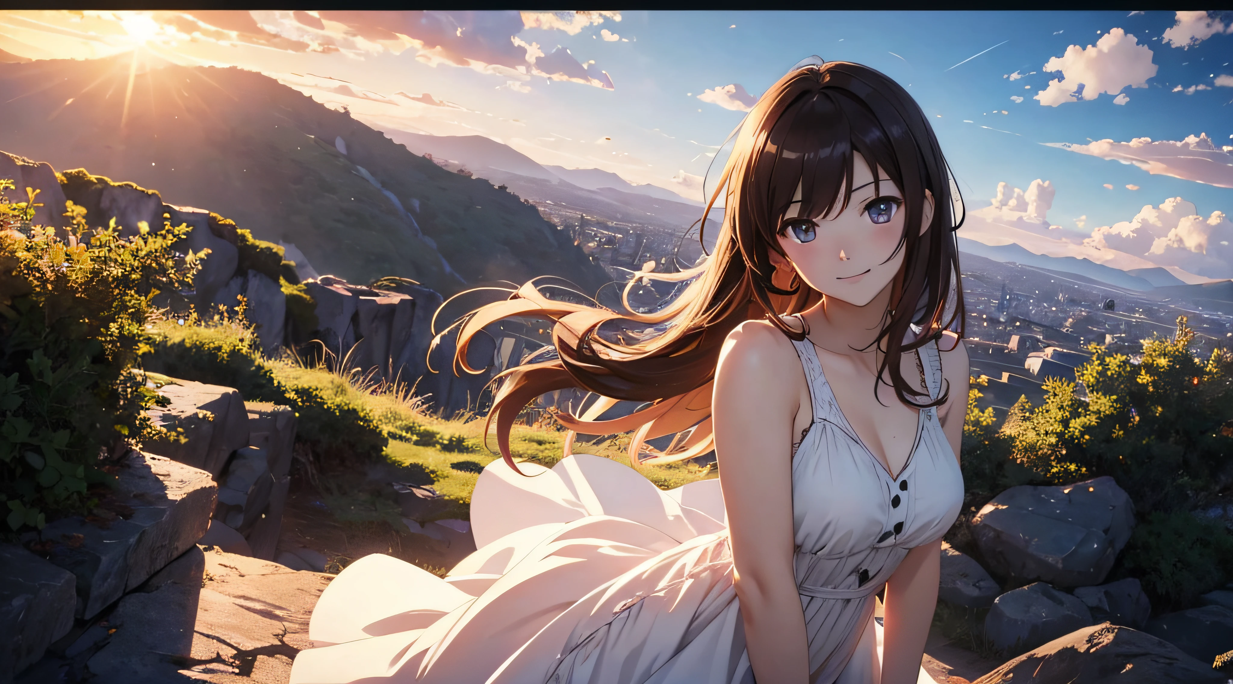 masterpiece, ultra high definition, (4K), high quality, highly detailed, anime style, makoto shinkai, professional lighting, VFX, landscape, BREAK, 1girl, 1female, BREAK, long hair, brown hair, cute dress, white dress, happy face, sunset, cloudy, BREAK,  detailed eyes, detailed fingers, detailed face, detailed hair, beautiful face, beautiful body, medium-large chest, comfortable pose, anatomically correct, look at the viewer, smile