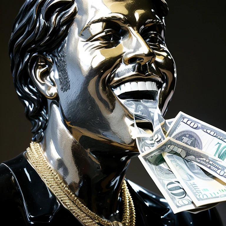 Man with dollars coming out of mouth drawn in bronze statue form and resembles glass figure curly hair