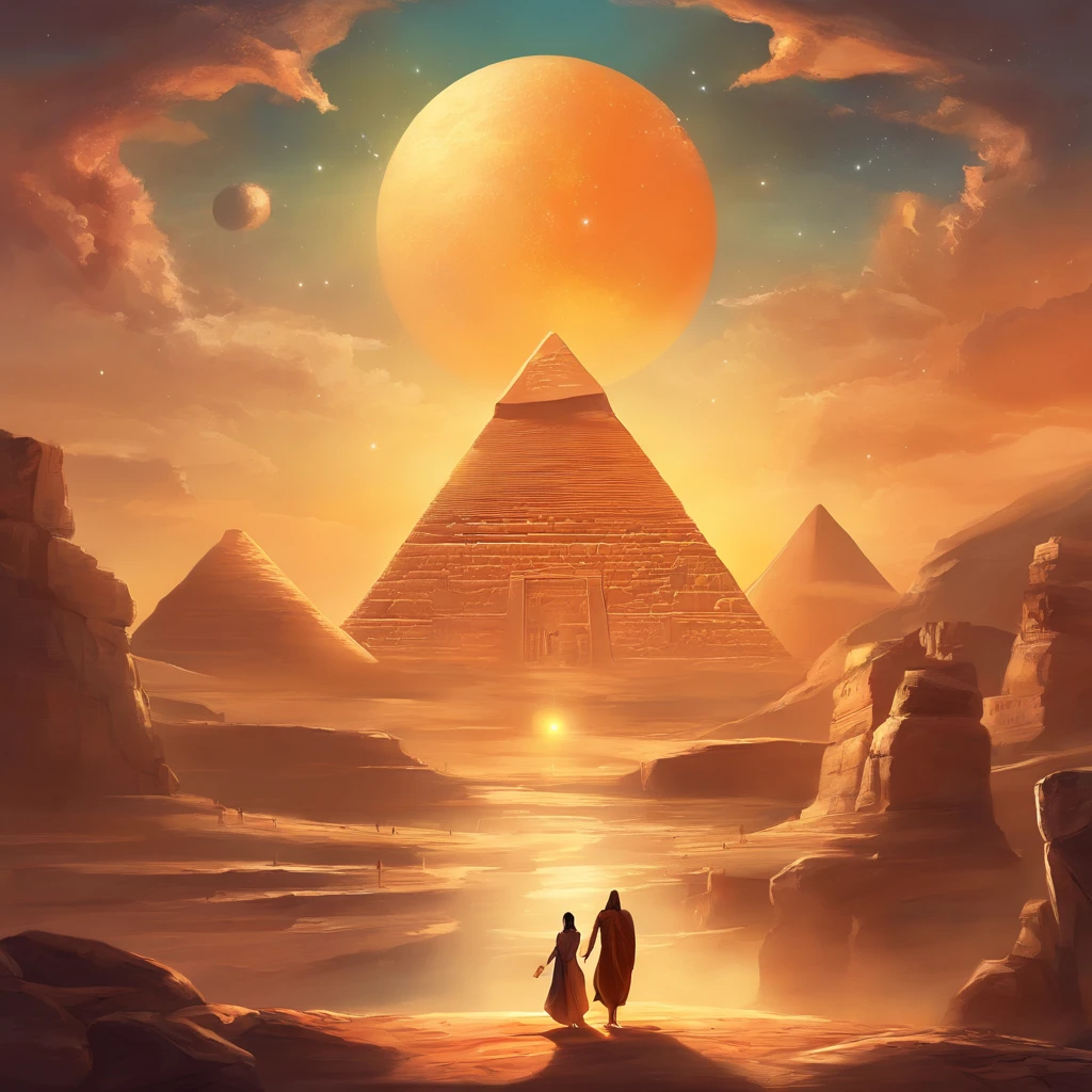 ((ambiance hypnotique)), Deux momies égyptiennes à l’intérieur d’une pyramide, Deux hommes qui ont l’air de danser, (effet psychédélique), paysage de l'Egypte antique, représentation des dieux egyptiens,