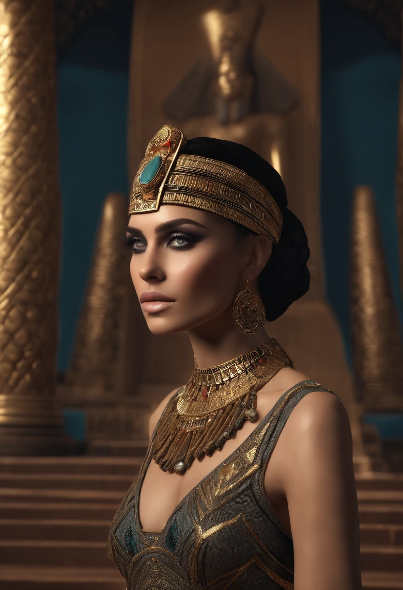 ((best-Quality)), ((ultra resolution)), ((Photorealistic)), (intricate details)Cinematic Lighting, Muted colors, Perfect eyes, 1,5 light face, Hyper realistic photoshoot woman model vogue fashion magazine cover inspired by egyptian goddess modern days realistic skin hair face posing cleopatra Egyptian pyramids realistic person with goth fashion detailed clothing