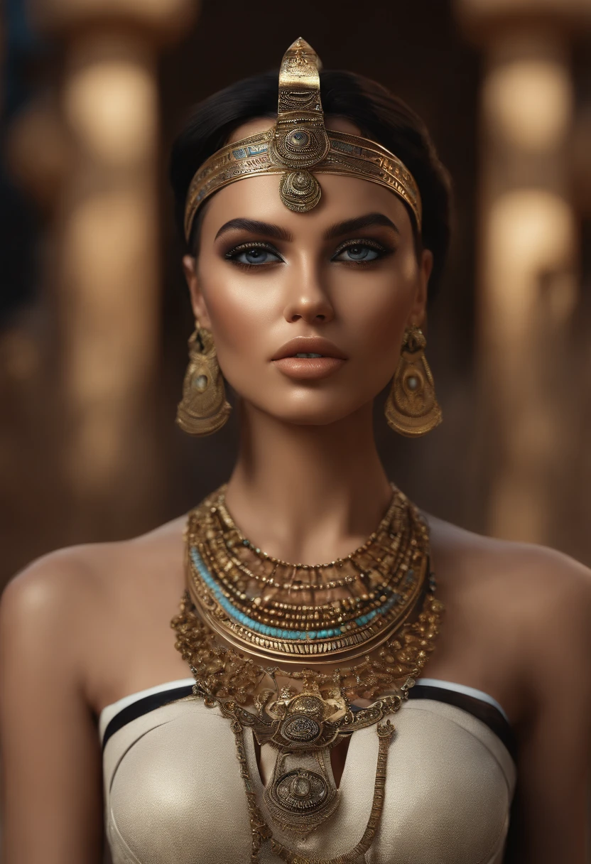 ((best-Quality)), ((ultra resolution)), ((Photorealistic)), (intricate details)Cinematic Lighting, Muted colors, Perfect eyes, 1,5 light face, Hyper realistic photoshoot woman model vogue fashion magazine cover inspired by egyptian goddess modern days realistic skin hair face posing cleopatra Egyptian pyramids realistic person with goth fashion detailed clothing