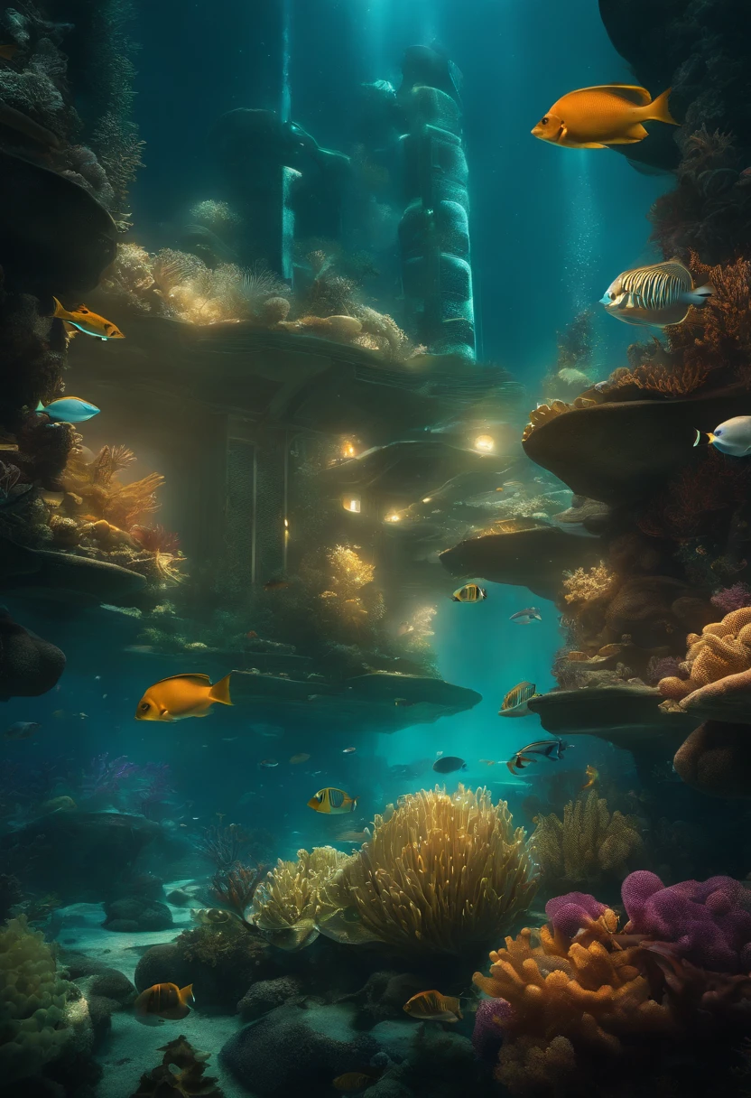 Create a prompt for a surreal underwater cityscape with vibrant, bioluminescent flora and fauna, and a futuristic structure in the background.

Craft an otherworldly scene of an underwater city with surreal elements. Envision vibrant bioluminescent flora and fauna illuminating the aquatic landscape. Dive into micro-details, capturing the intricate patterns and colors of the underwater life.

Integrate a futuristic structure in the background, rising from the ocean floor with a blend of advanced architecture and organic design. Illuminate the scene with a soft, ethereal glow, emphasizing the surreal nature of this underwater metropolis.

Consider the play of light and shadow, showcasing the interplay between the bioluminescence and the ambient light filtering through the water. Capture the sense of depth and vastness, creating a visually captivating and dreamlike cityscape beneath the waves.

This detailed prompt aims to inspire a surreal underwater cityscape, rich in vibrant bioluminescent details, and featuring a futuristic structure that adds a touch of the extraordinary to the aquatic setting.