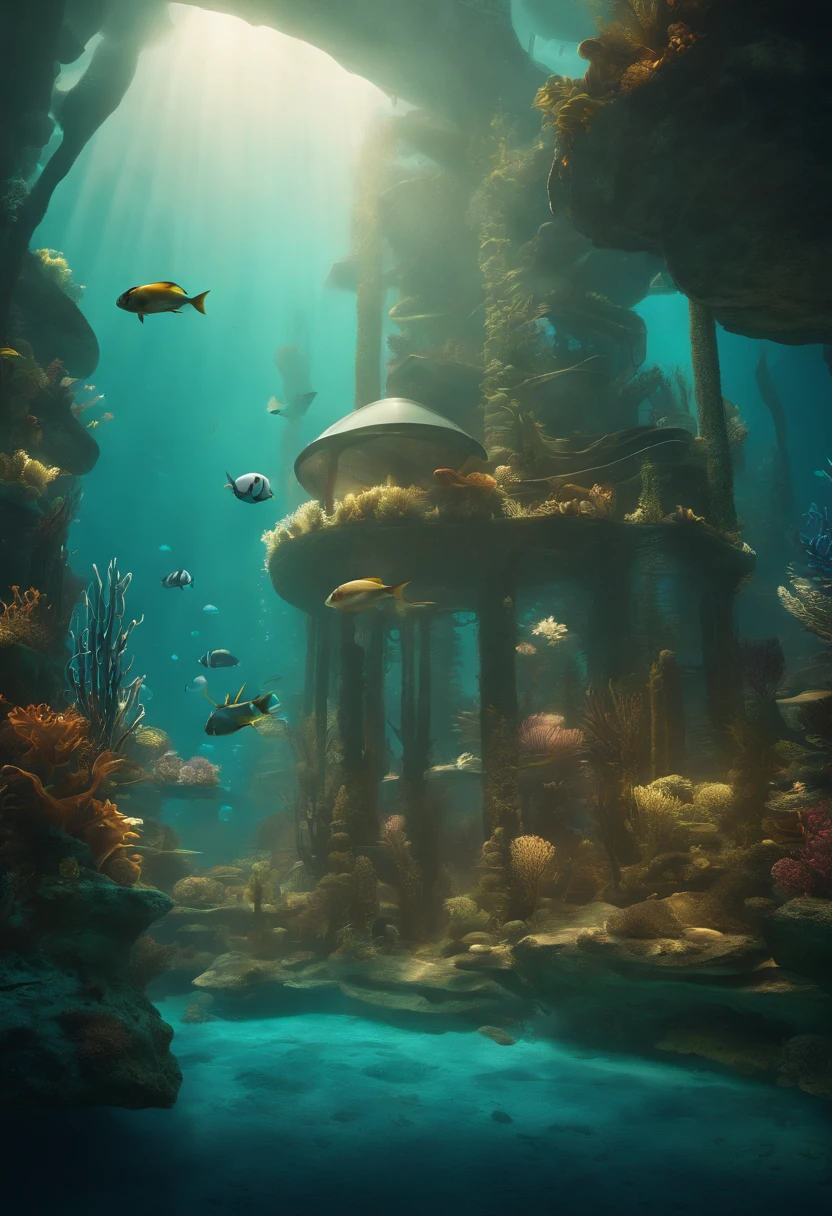 Create a prompt for a surreal underwater cityscape with vibrant, bioluminescent flora and fauna, and a futuristic structure in the background.

Craft an otherworldly scene of an underwater city with surreal elements. Envision vibrant bioluminescent flora and fauna illuminating the aquatic landscape. Dive into micro-details, capturing the intricate patterns and colors of the underwater life.

Integrate a futuristic structure in the background, rising from the ocean floor with a blend of advanced architecture and organic design. Illuminate the scene with a soft, ethereal glow, emphasizing the surreal nature of this underwater metropolis.

Consider the play of light and shadow, showcasing the interplay between the bioluminescence and the ambient light filtering through the water. Capture the sense of depth and vastness, creating a visually captivating and dreamlike cityscape beneath the waves.

This detailed prompt aims to inspire a surreal underwater cityscape, rich in vibrant bioluminescent details, and featuring a futuristic structure that adds a touch of the extraordinary to the aquatic setting.
