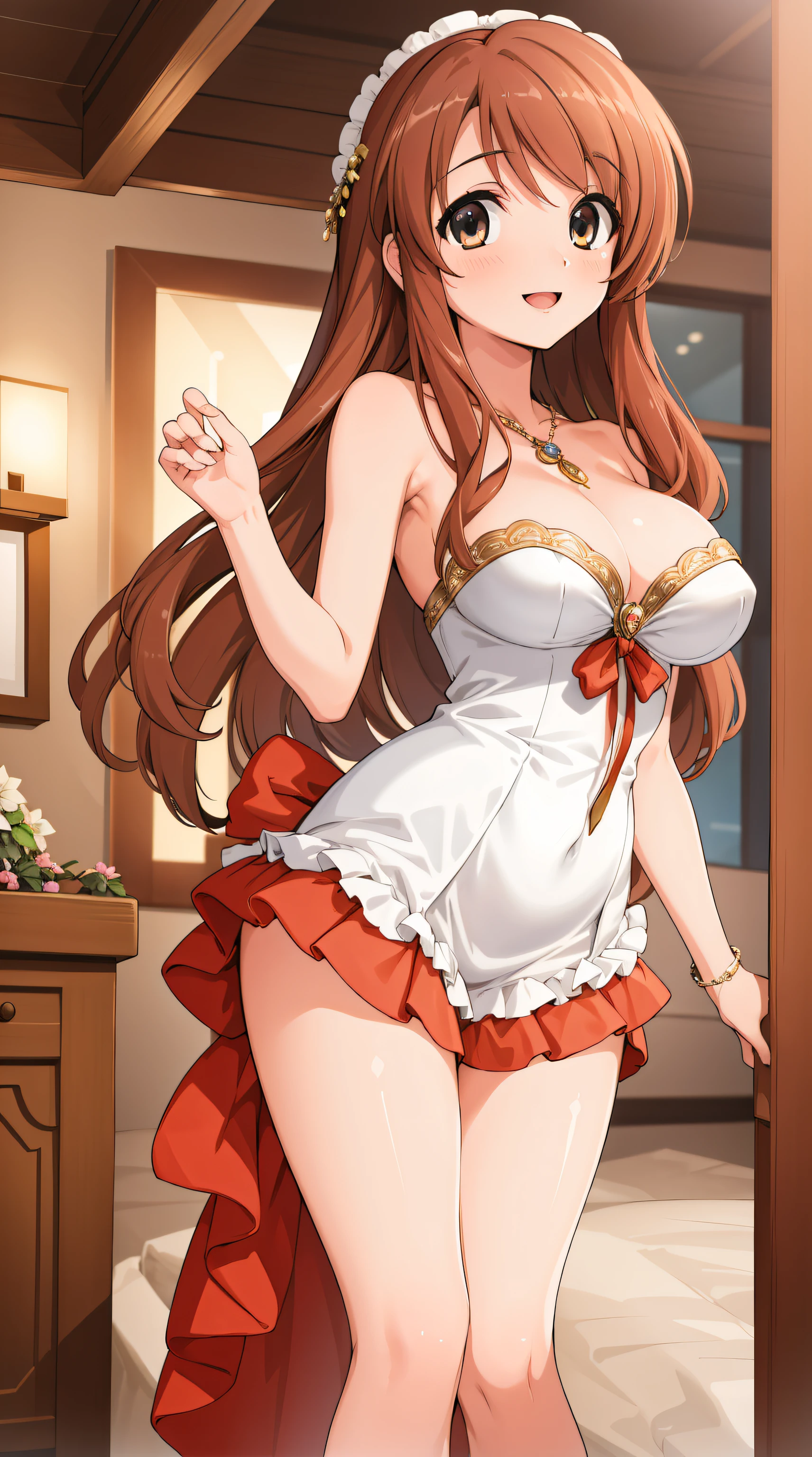 (masterpiece), asahina mikuru, elegant dress, gems, at elegant party, giving a cute and sexy smile, detailed eyes, perfect face,