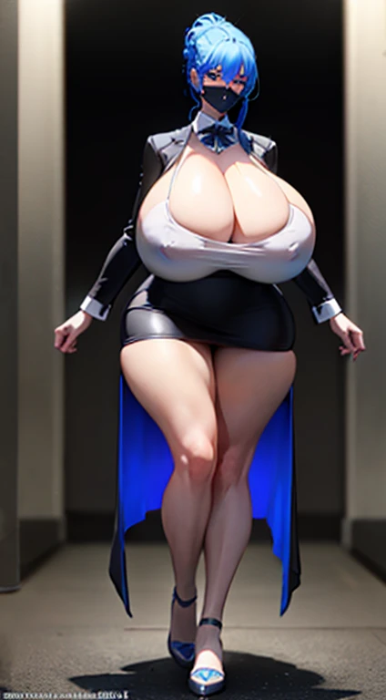 ((masterpiece)),(best quality),(detailed),(1girl),  blue hair, blue glowing eyes, Updo, white shirt, black skirt, looking down on the viewer, (large breasts:1.6), (next to tall woman with large hips:1.5)