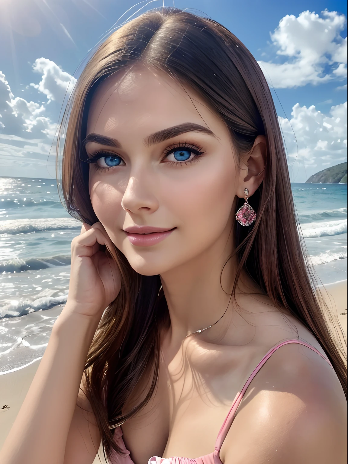 (Masterpiece), (Realistic), (Best Quality), (Beautiful +(attractive+(lovely+cute+feminine)), mature 35 years woman, oval face shape, straight+brown+hair, big+upturned+crystal+blue+eyes, rounded+thin+eyebrows, (big+round+feminine+cheeks), ((round cheekbones)) , pink+lips, rounded+chin, smiling adorable expression, at the beach, looking_at_viewer