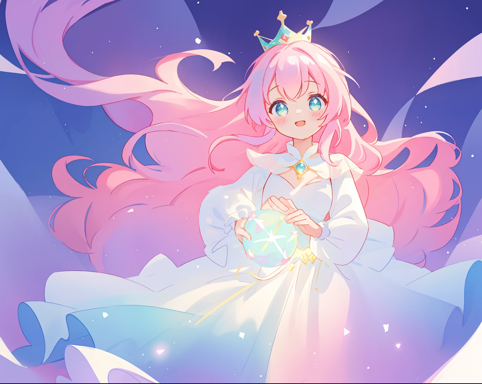beautiful girl in glowing white ballgown, ((tiered layered ballgown)), flowing sheer long sleeves, sparkling white ballgown, ((puffy white princess ballgown skirt)), vibrant pastel colors, (colorful), magical lights, long flowing colorful pink hair, ((glowing aura around her)), flowing glowing hair, fantasia landscape background, whimsical, magical, fantasy, beautiful face, ((masterpiece, best quality)), intricate details, highly detailed, sharp focus, 8k resolution, sparkling detailed eyes, liquid watercolor