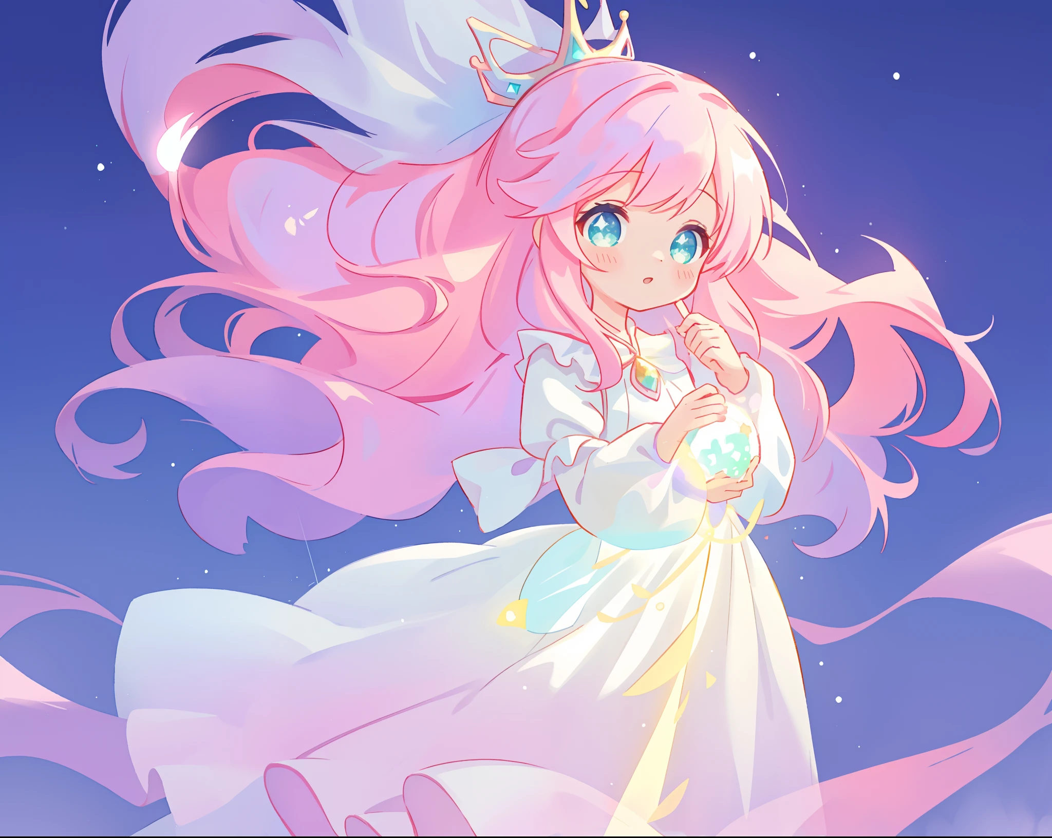 beautiful girl in glowing white ballgown, ((tiered layered ballgown)), flowing sheer long sleeves, sparkling white ballgown, ((puffy white princess ballgown skirt)), vibrant pastel colors, (colorful), magical lights, long flowing colorful pink hair, ((glowing aura around her)), flowing glowing hair, fantasia landscape background, whimsical, magical, fantasy, beautiful face, ((masterpiece, best quality)), intricate details, highly detailed, sharp focus, 8k resolution, sparkling detailed eyes, liquid watercolor