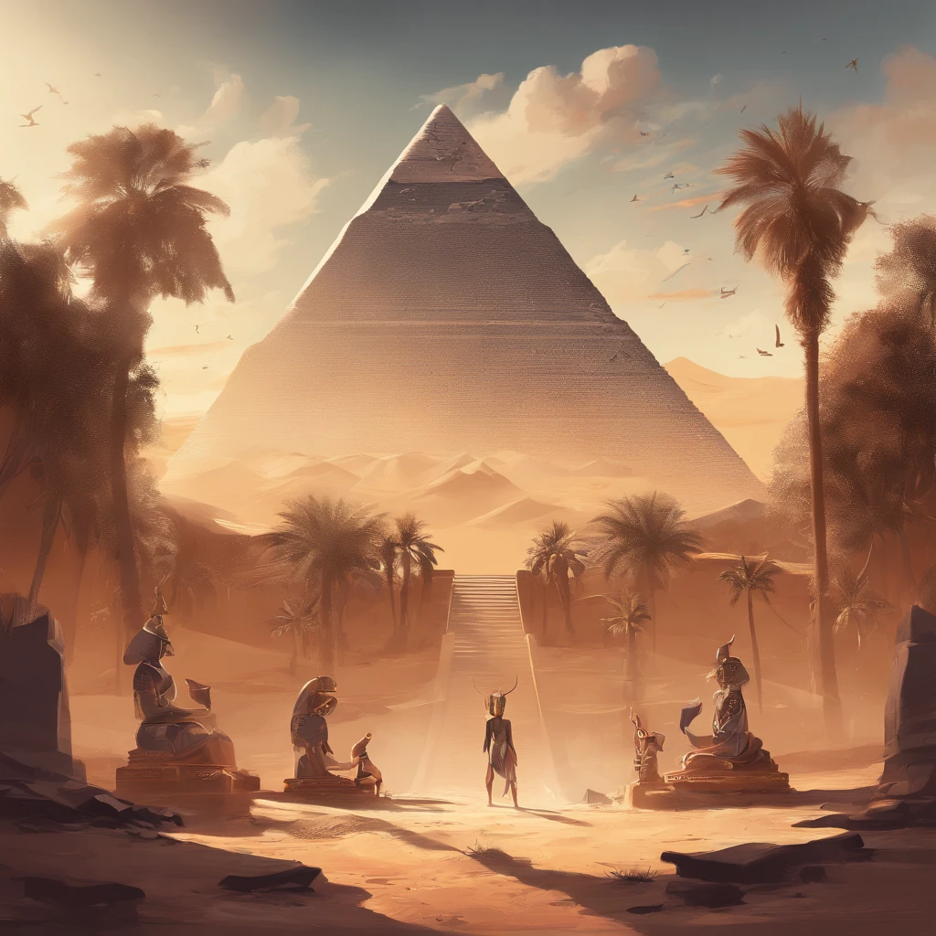 ((ambiance hypnotique)), Deux momies égyptiennes à l’intérieur d’une pyramide, Deux hommes qui ont l’air de danser, (effet psychédélique), paysage de l'Egypte antique, représentation des dieux egyptiens,