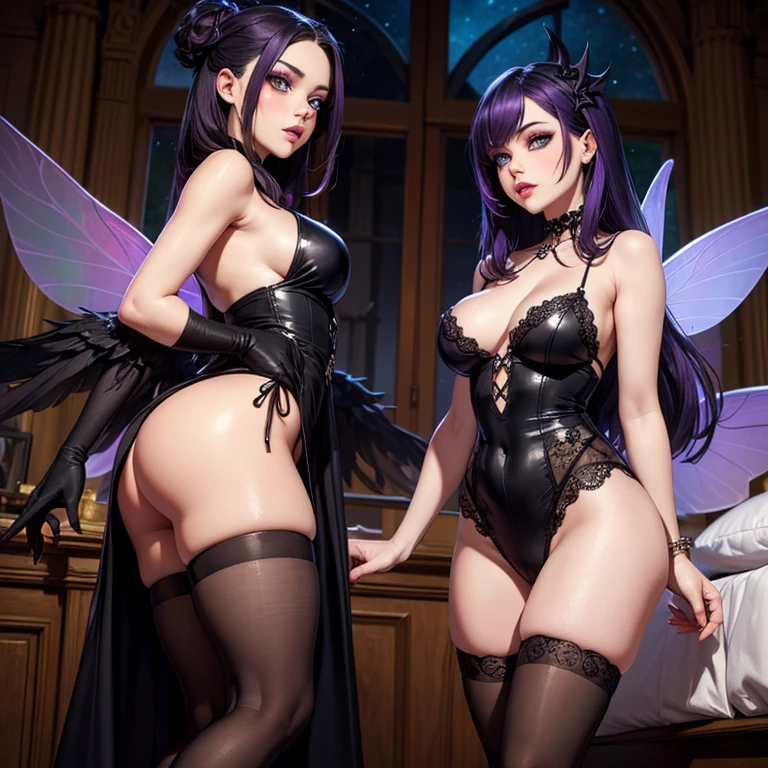 A Fairy, Dark Cristal Wings , Black Dress, Gothic Style, Loita Dress, Black Boots, Black Stockings, Dark and Purple Hair , blushing face ,Gothic make-up, (Best quality:1.1), (Masterpiece:1.4), 1fille, (cheveux volumineux)+ , cheveux longs , (Yeux Bleux) , Cheveux courts, gros seins , (big lips)+ , peau brillante, brillant, starry night, dans une chambre, Bas dentelle,