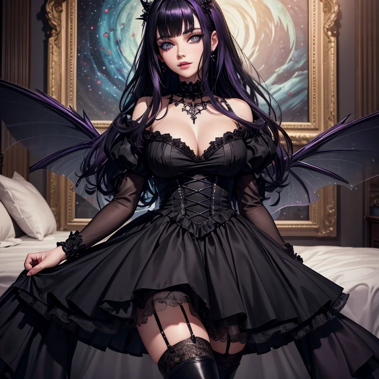 A Fairy, Dark Cristal Wings , Black Dress, Gothic Style, Loita Dress,  Black Boots, Black Stockings, Dark and Purple Hair , blushing face ,Gothic make-up, (Best quality:1.1), (Masterpiece:1.4), 1fille, (cheveux volumineux)+ , cheveux longs , (Yeux Bleux) , Cheveux courts, gros seins , (big lips)+ , peau brillante, brillant, starry night, dans une chambre, Bas dentelle,