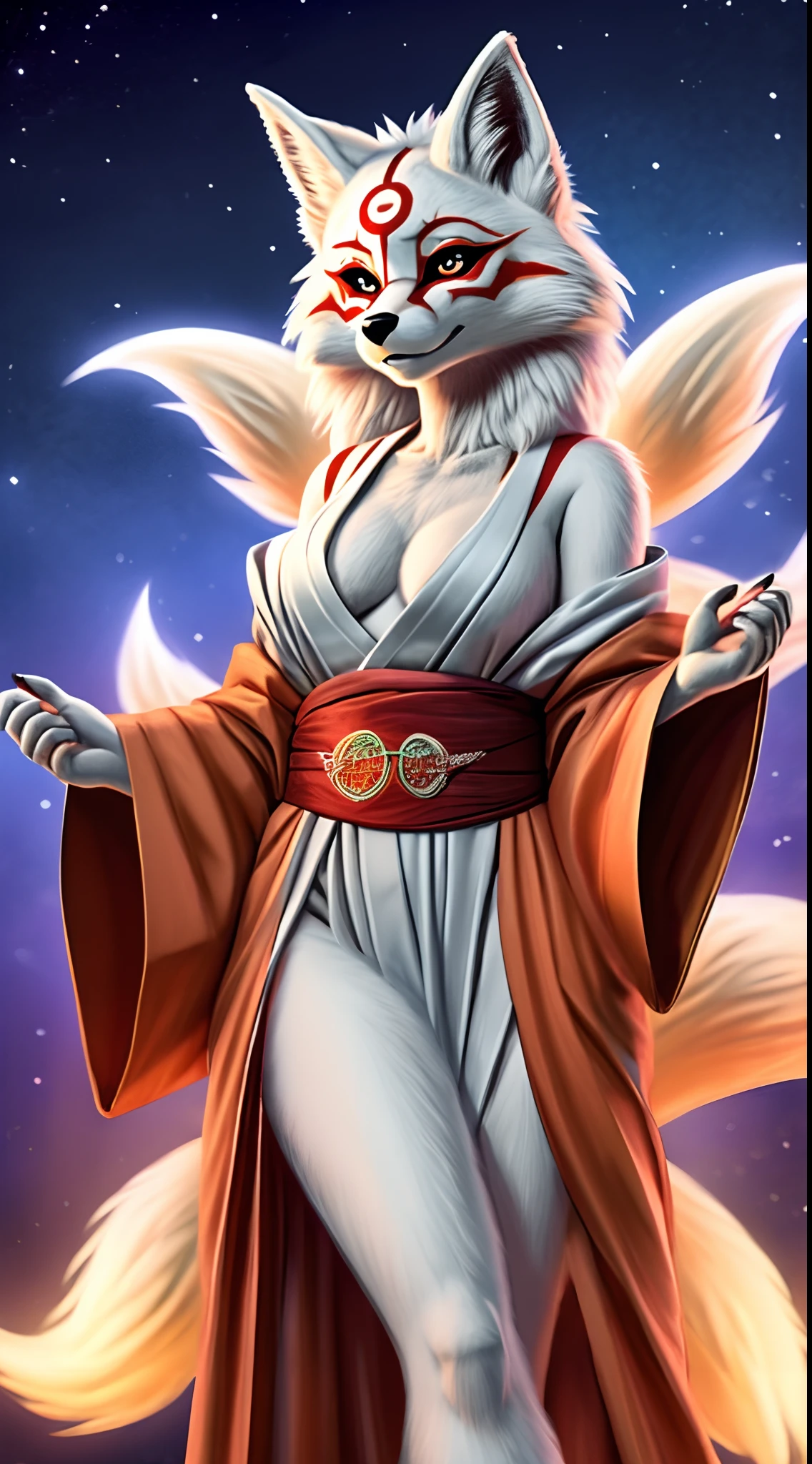 masterpiece, 1girl, (furry:1.5), nine tails fox, fox girl, sailor moon outfit and pose, detailed hands, detailed body, proportional body, detailed face, detailed eyes, nine fox tails, amaterasu, kitsune, kumiho, spread lowered kimono, drunk girl