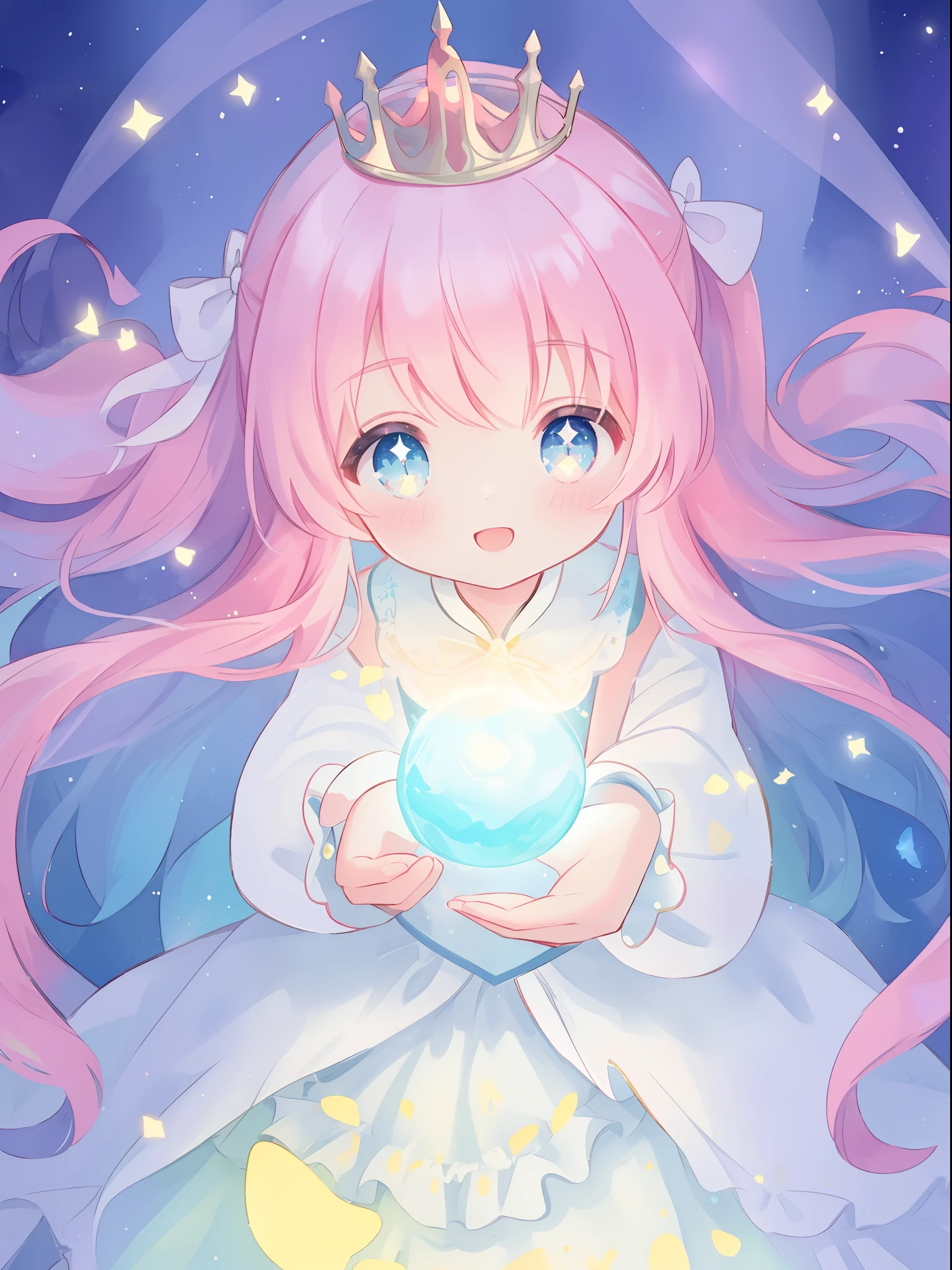 beautiful girl in glowing white ballgown, ((tiered layered ballgown)), flowing sheer long sleeves, sparkling white ballgown, ((puffy white princess ballgown skirt)), vibrant pastel colors, (colorful), magical lights, long flowing colorful pink hair, ((glowing aura around her)), flowing glowing hair, fantasia landscape background, whimsical, magical, fantasy, beautiful face, ((masterpiece, best quality)), intricate details, highly detailed, sharp focus, 8k resolution, sparkling detailed eyes, liquid watercolor